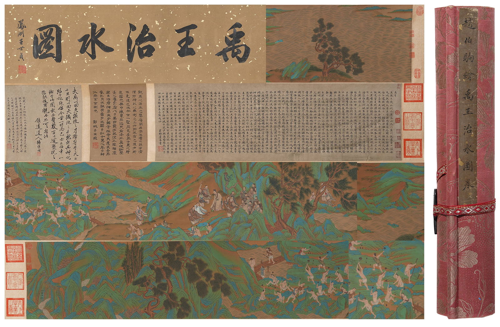 A YU THE GREAT TAMING THE FLOODS HANDSCROLL PAINTING ON SILK BY ZHAO BOJU.趙伯駒: Yu the Great Taming the Floods Handscroll Painting on Silk by Zhao Boju.趙伯駒