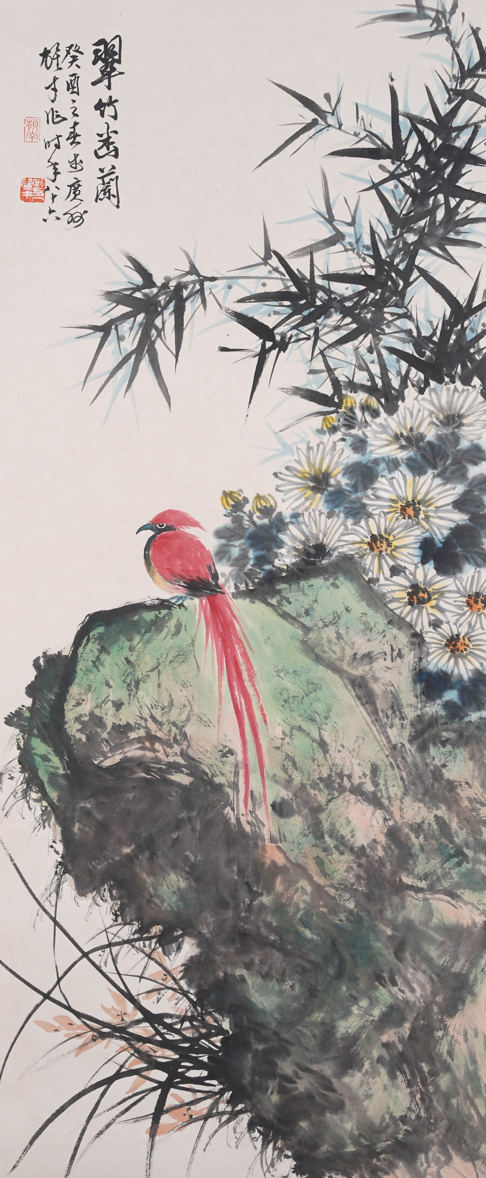 A FLOWER-AND-BIRD PAINTING ON PAPER BY LI XIONGCAI.黎雄才: Flower-and-Bird Painting on Paper by Li Xiongcai.黎雄才