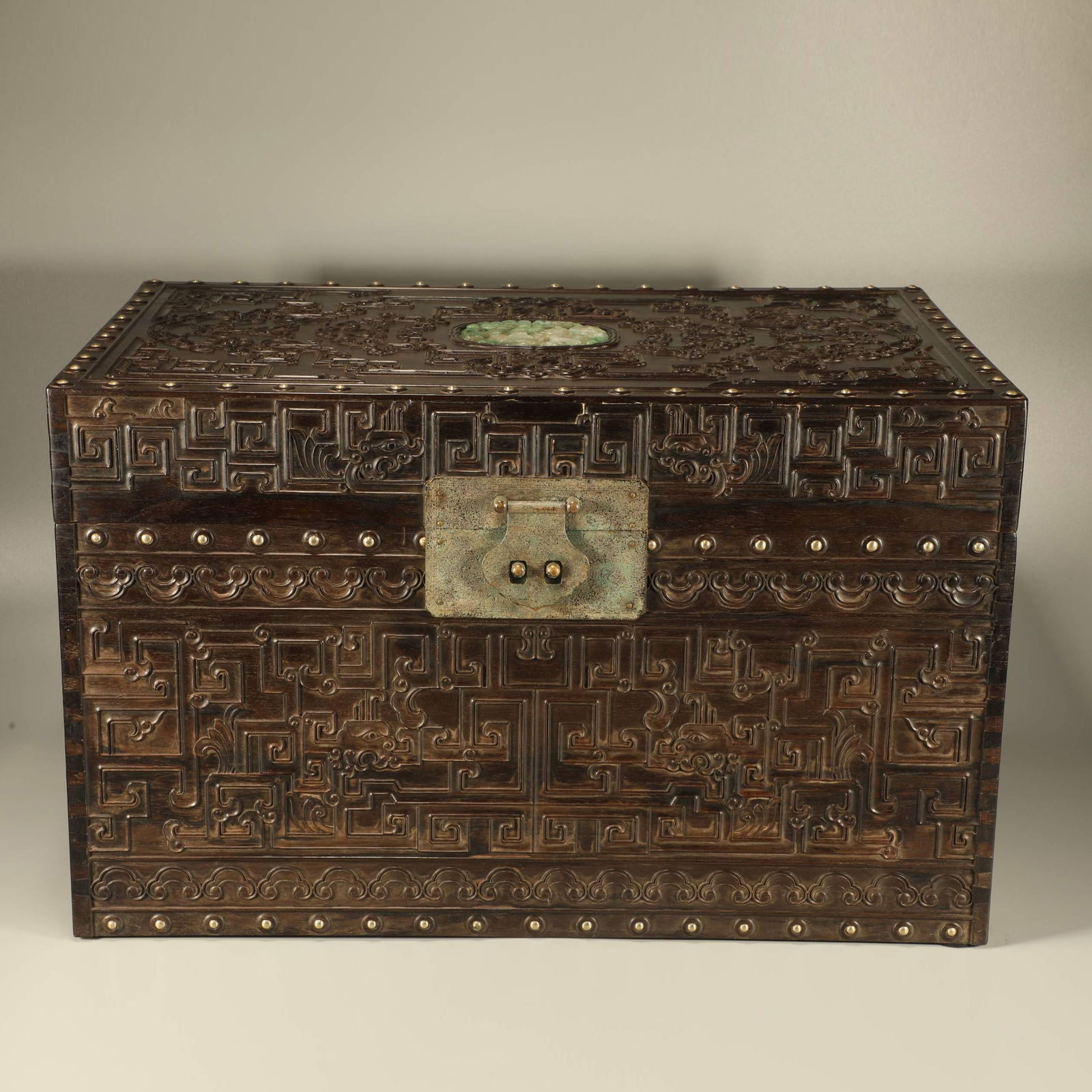 A ZITAN CARVED HOOKED DRAGON PATTERN INLAID JADE BOOK BOX: Zitan Carved Hooked Dragon Pattern Inlaid Jade Book Box