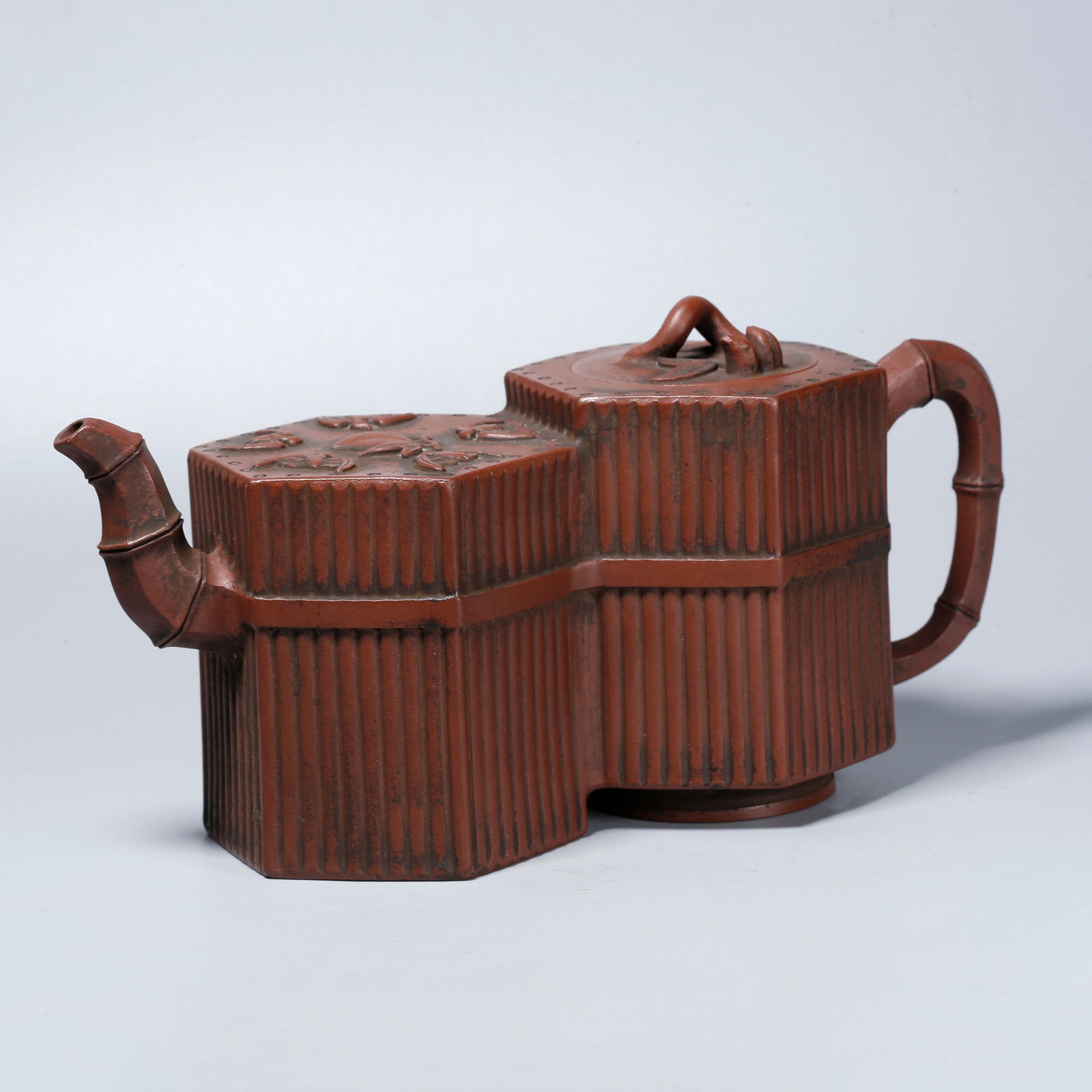 A ZISHA EWER WITH CARVED "FIVE BLESSINGS SURROUND LONGEVITY" DESIGN (1 of 9)