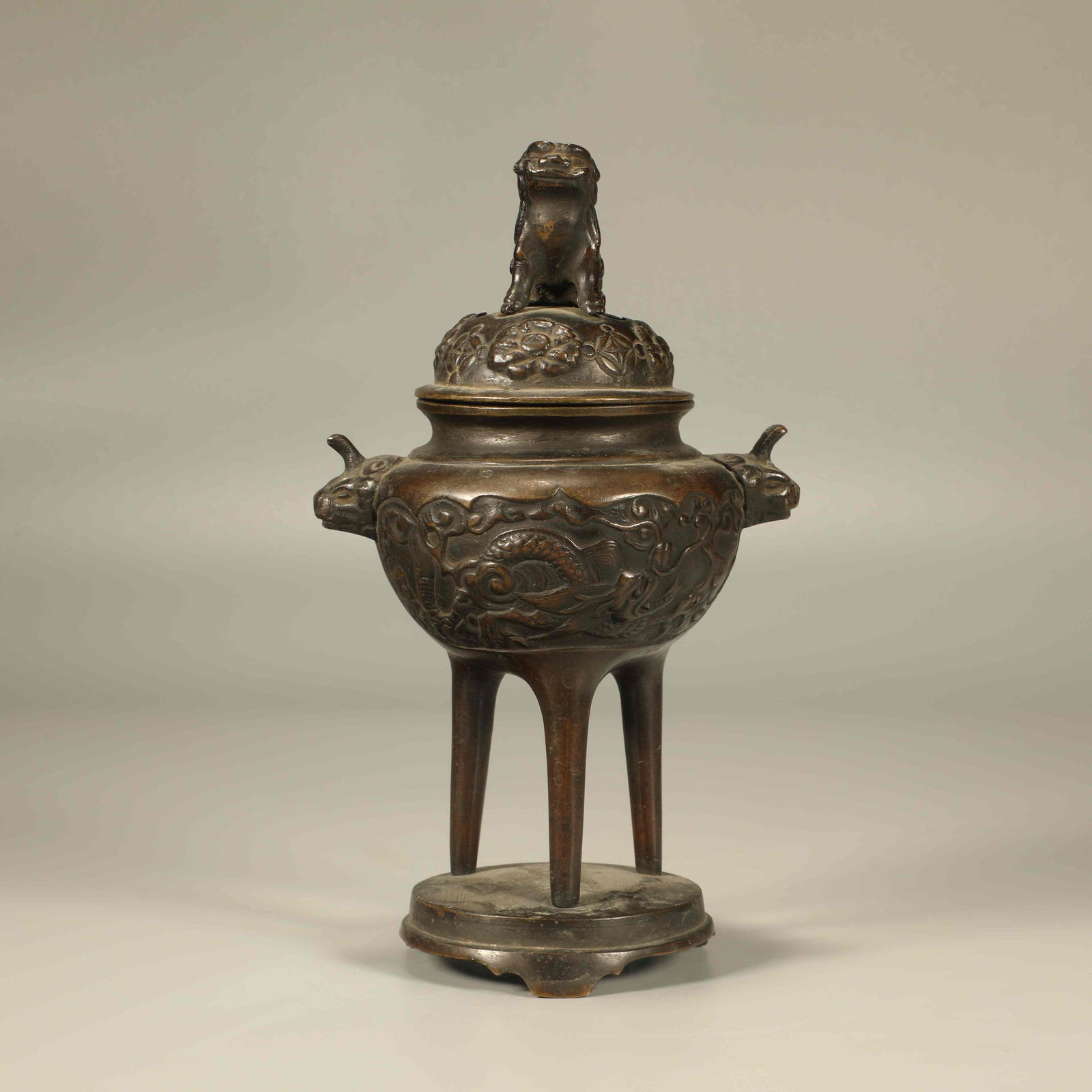 A BRONZE LION-HANDLED INCENSE BURNER (1 of 6)