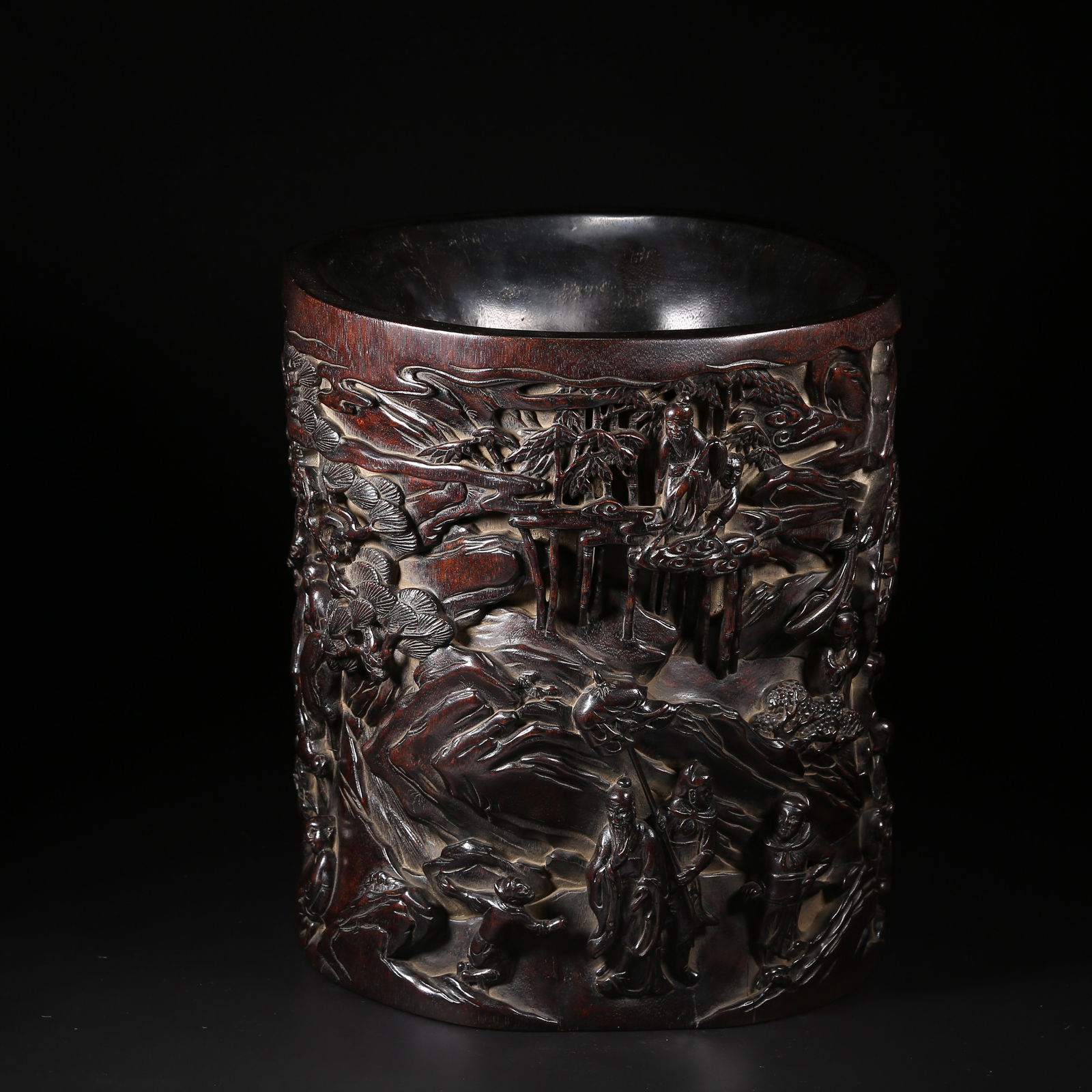 A AGARWOOD LARGE BRUSH POT WITH NARRATIVE SCENE (1 of 8)