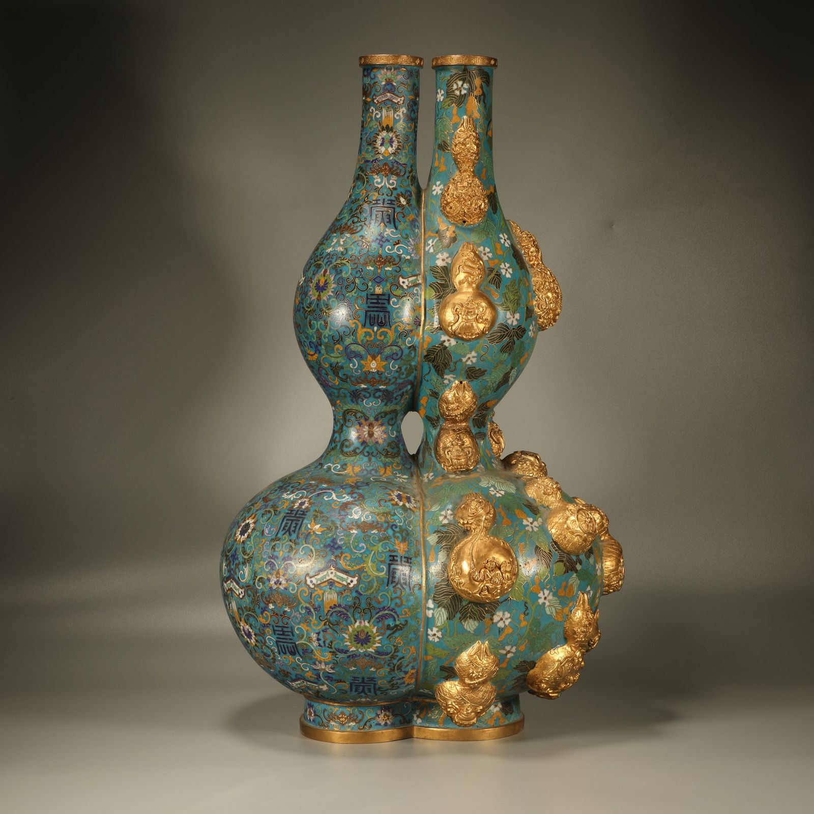 A CLOISONNÉ "FORTUNE AND PROSPERITY FOR TEN THOUSAND GENERATIONS" DOUBLE-GOURD VASE (1 of 6)