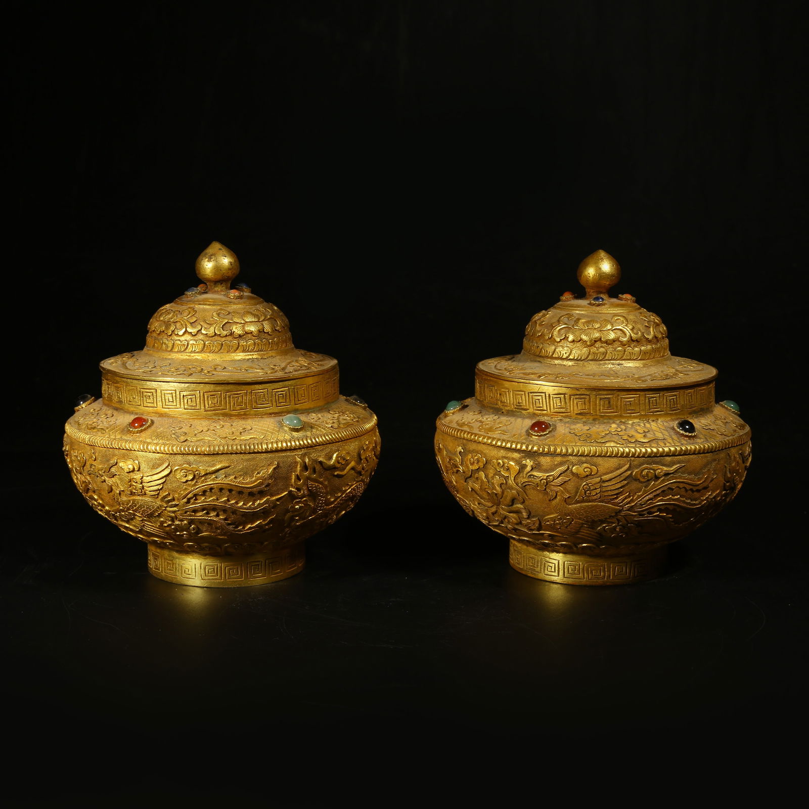 A PAIR OF GILT-BRONZE AND GEM-INLAID DRAGON-AND-PHOENIX COVERED JARS (1 of 9)