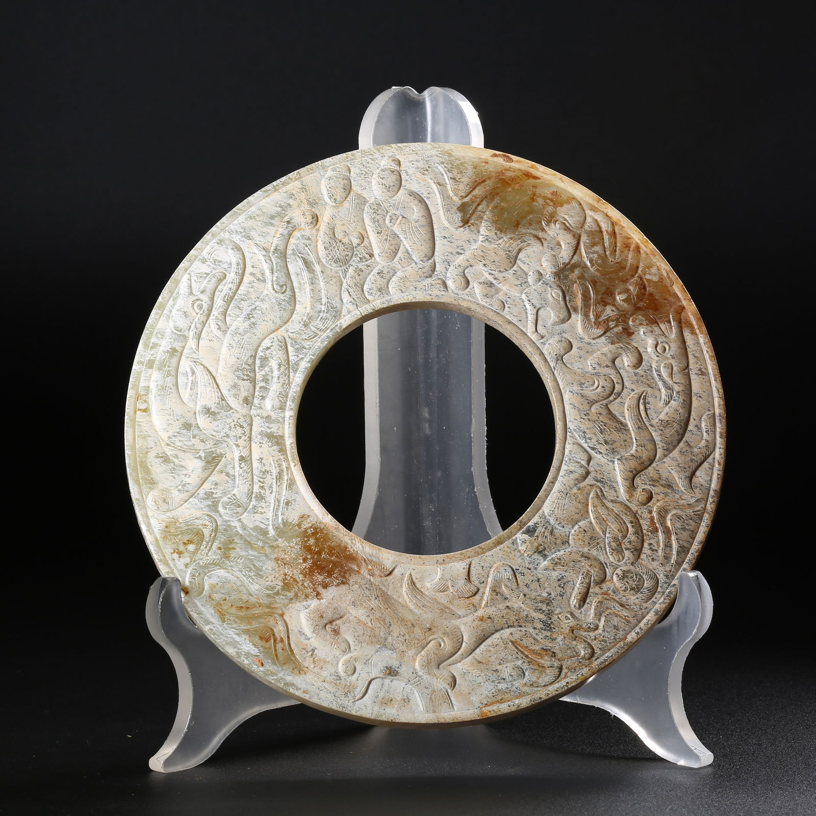 A ANCIENT JADE BI DISC WITH AUSPICIOUS BEAST DESIGN (1 of 9)