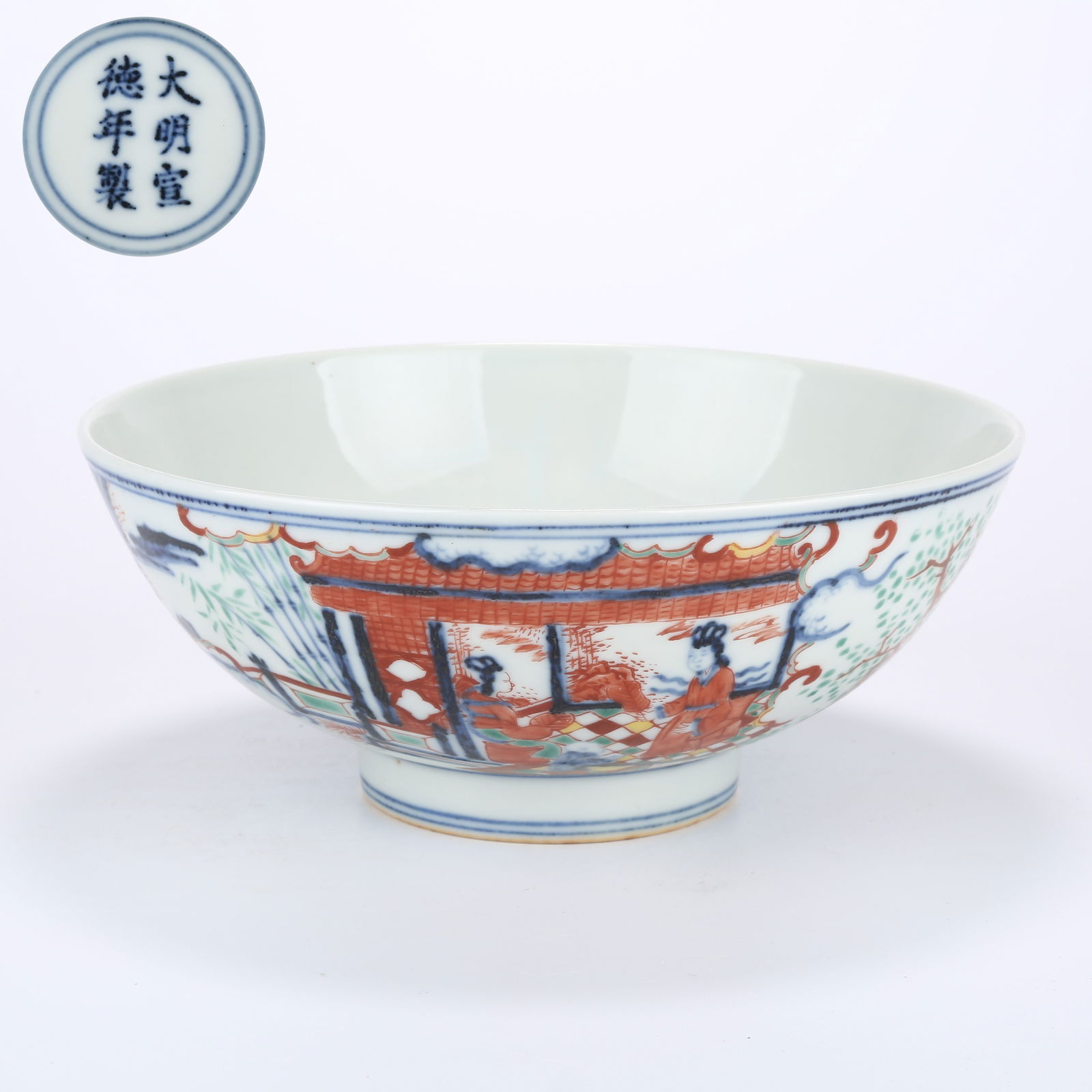 A BLUE AND WHITE WITH POLYCHROME DECORATION LARGE BOWL WITH COURTYARD LADY SCENE (1 of 10)