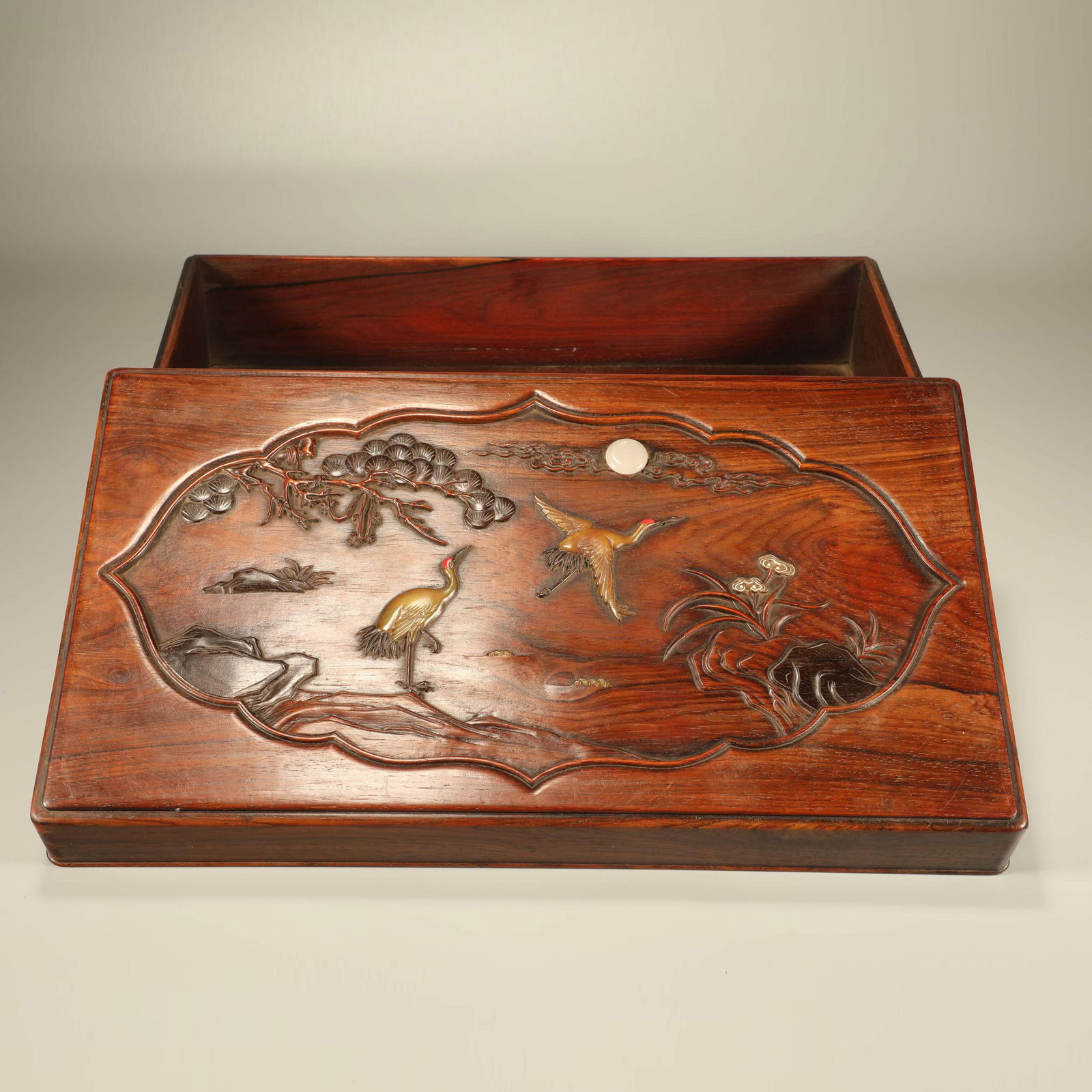 A HUANGHUALI INLAID PINE AND CRANE PATTERN COVERED BOX (1 of 7)