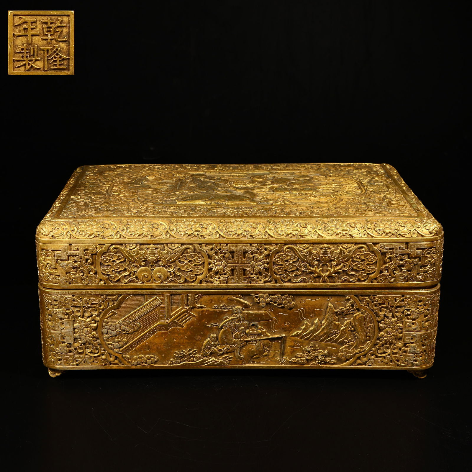 A GILT-BRONZE COVERED BOX WITH "BOY PRESENTING LONGEVITY" DESIGN (1 of 11)