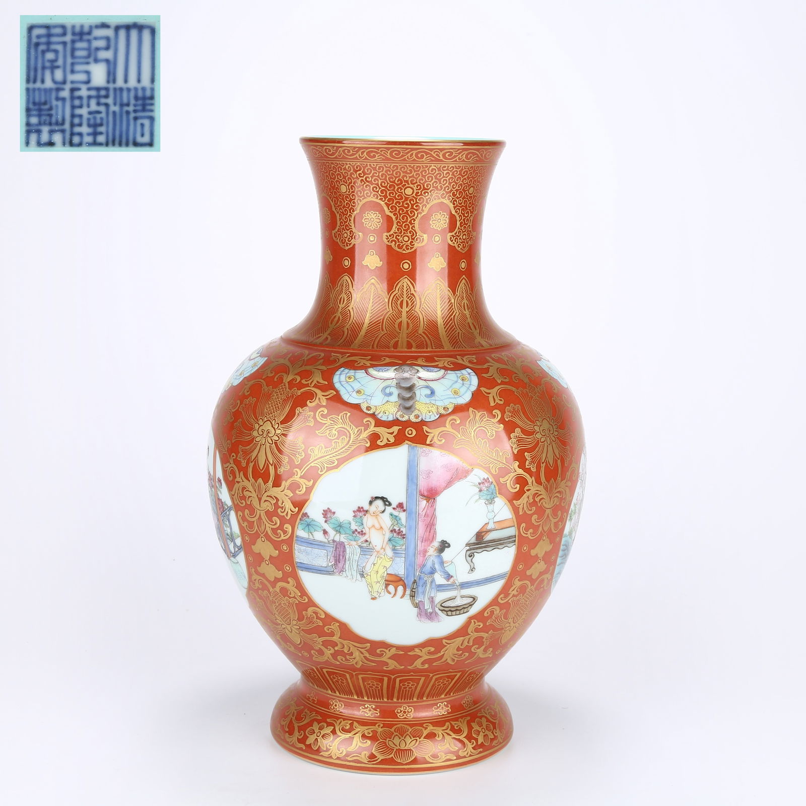 A CORAL-RED GROUND VASE WITH RESERVED PANELS OF FAMILLE-ROSE EROTIC SCENES: Coral-Red Ground Vase with Reserved Panels of Famille-Rose Erotic Scenes