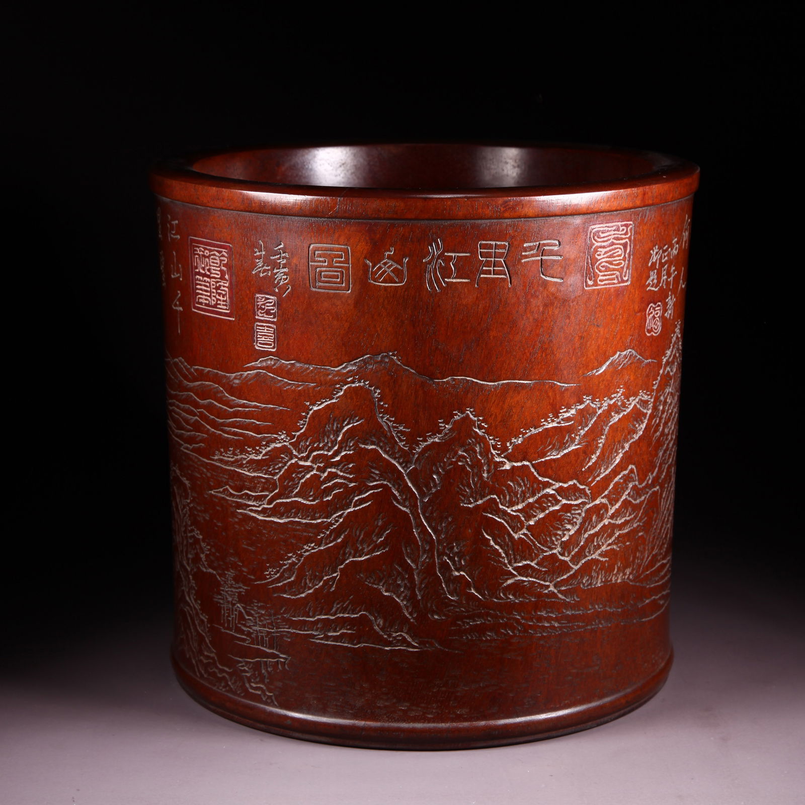 A HUANGHUALI LARGE BRUSH POT WITH PAINTED "RIVERS AND MOUNTAINS ACROSS TEN THOUSAND MILES" SCENE (1 of 9)