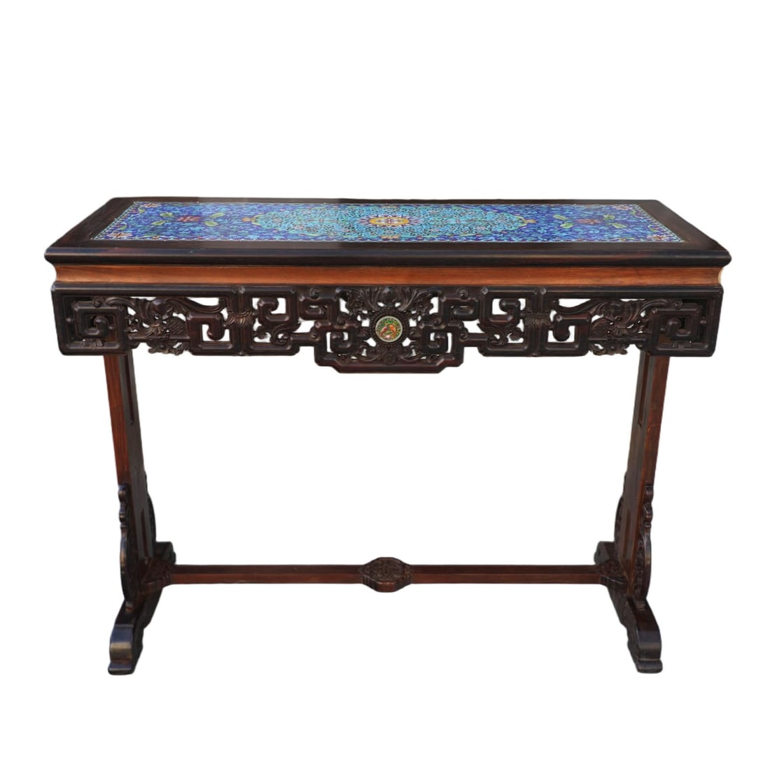 A HUANGHUALI INLAID CLOISONNÉ TABLE CARVED WITH FU AND SHOU PATTERN (1 of 8)