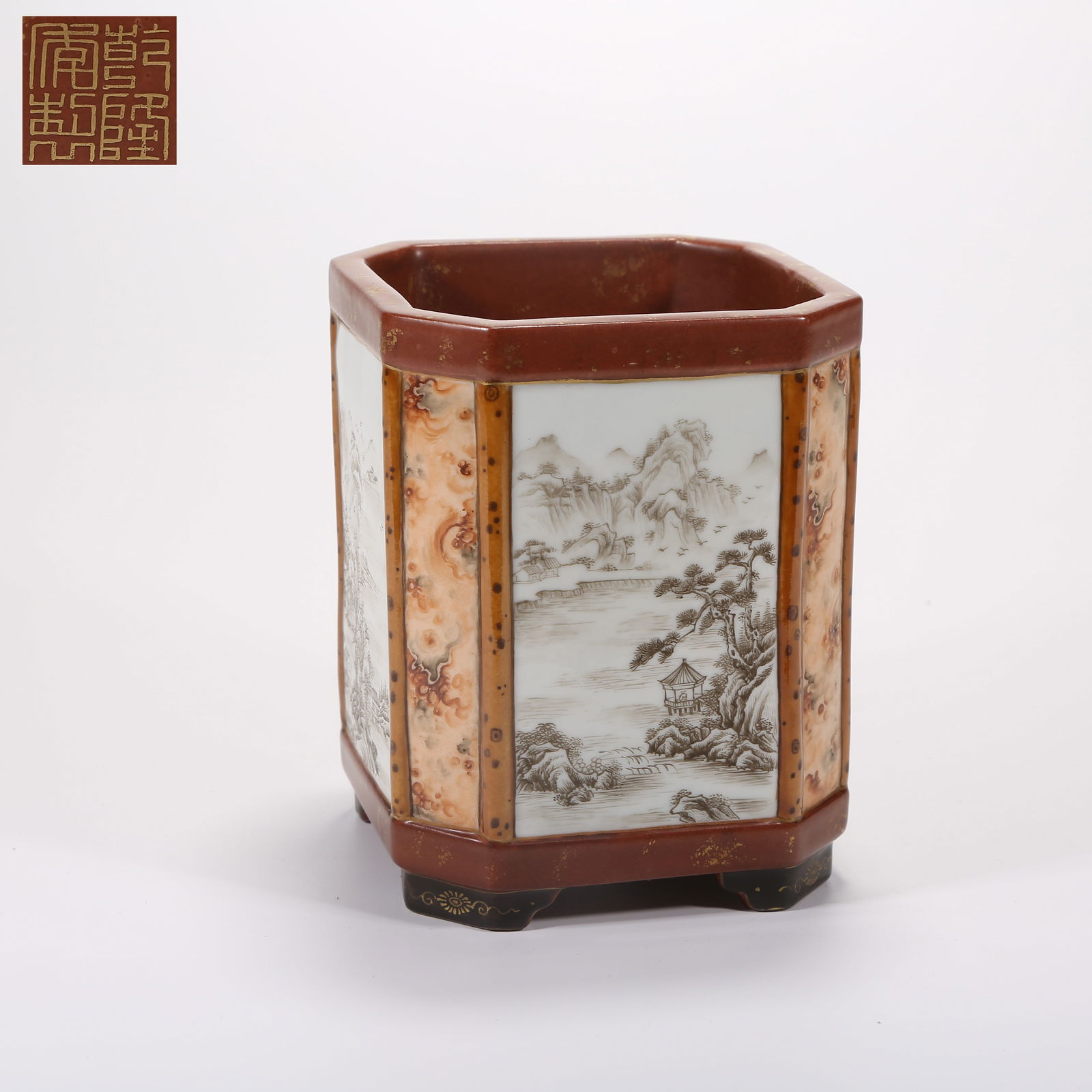 A STONE-EFFECT GLAZE BRUSH POT WITH INK-ENAMEL LANDSCAPE DESIGN AND CHAMFERED CORNERS (1 of 9)