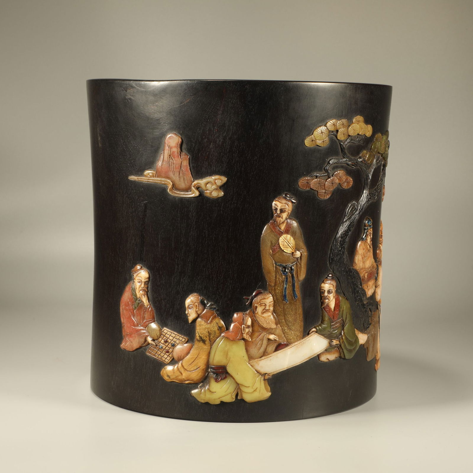 A ZITAN INLAID "HUNDRED TREASURES, MUSIC, CHESS, CALLIGRAPHY, PAINTING" BRUSH POT: Zitan Inlaid "Hundred Treasures, Music, Chess, Calligraphy, Painting" Brush Pot