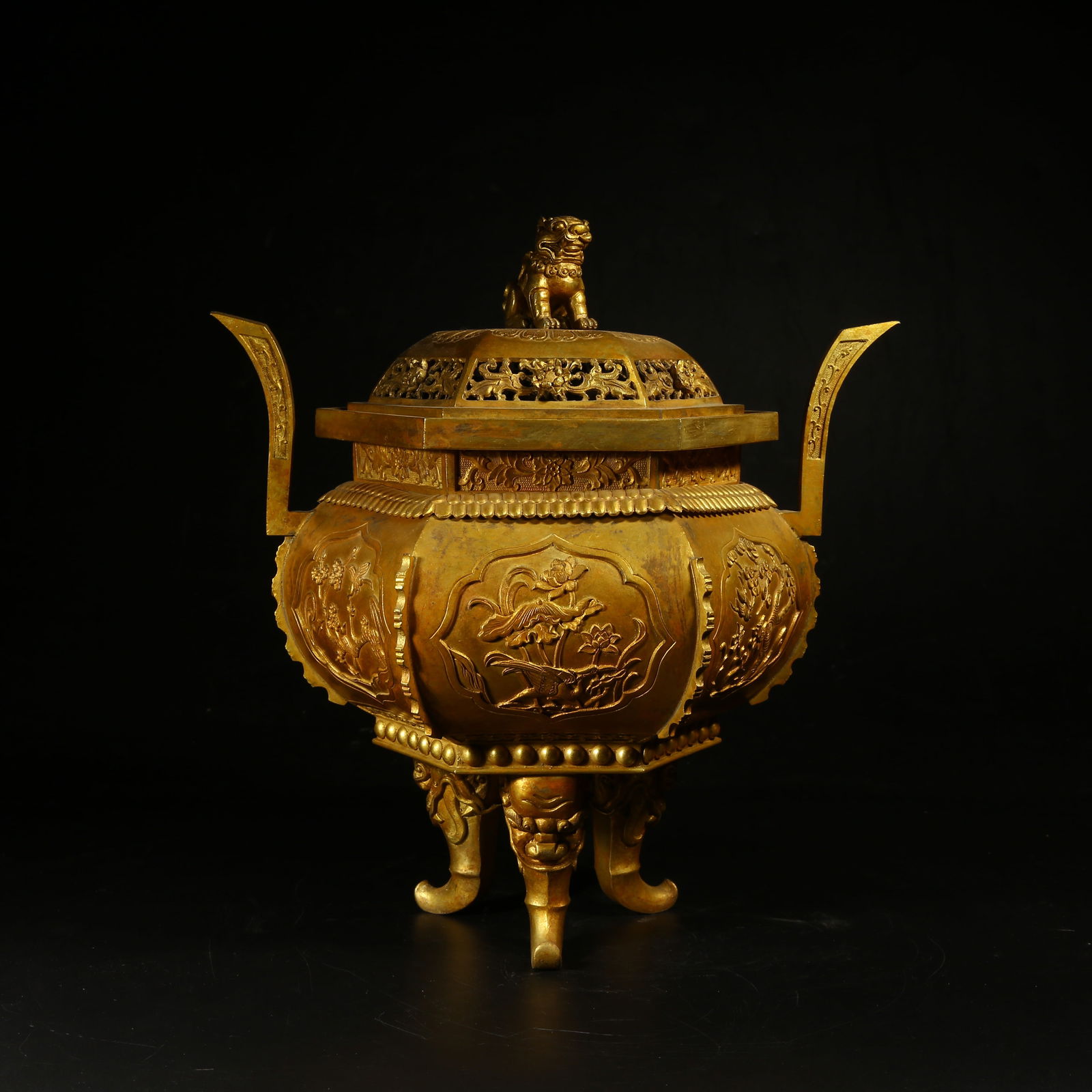 A GILT-BRONZE CENSER WITH FLOWER-AND-BIRD DESIGN AND AUSPICIOUS BEAST KNOB (1 of 9)