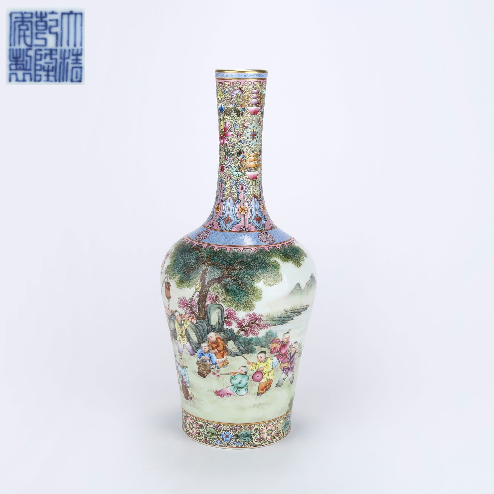 A FAMILLE-ROSE RATTLE VASE WITH BOYS AT PLAY DESIGN: Famille-Rose Rattle Vase with Boys at Play Design