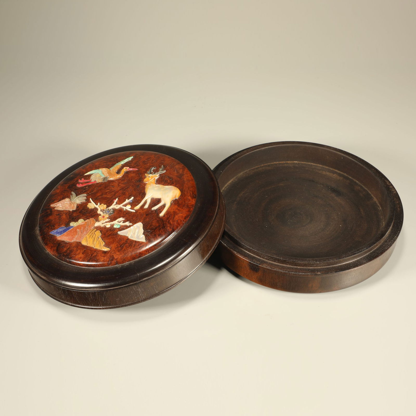 A ZITAN AND CHERRYWOOD INLAID "HUNDRED TREASURES, CRANES AND DEER IN SPRING" COVERED BOX (1 of 6)