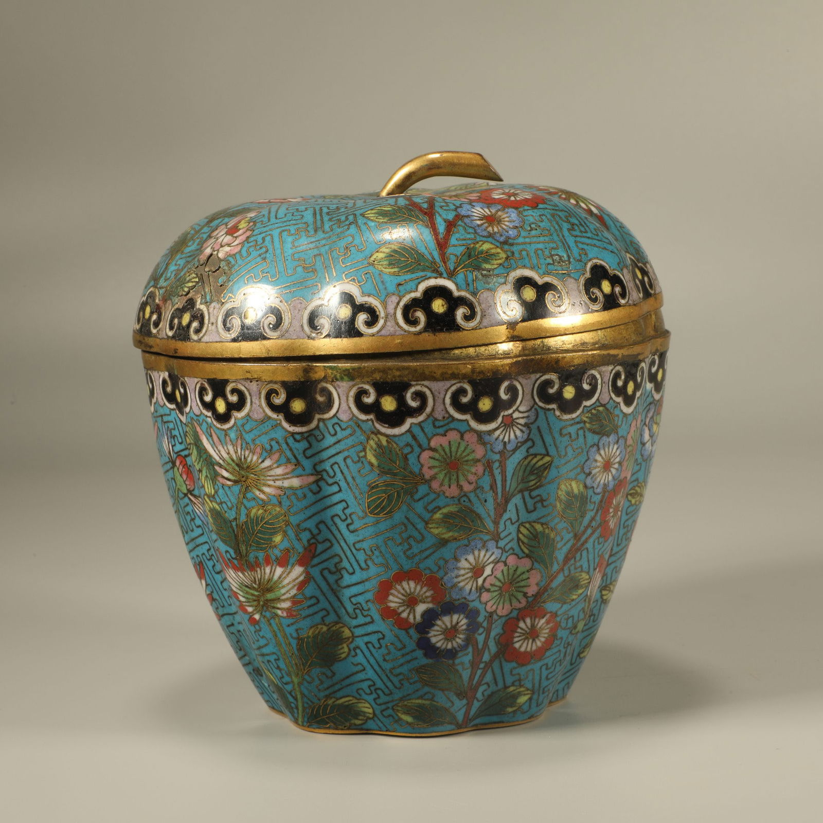 A CLOISONNÉ BUTTERFLY AND FLORAL MELON-SHAPED COVERED JAR (1 of 6)
