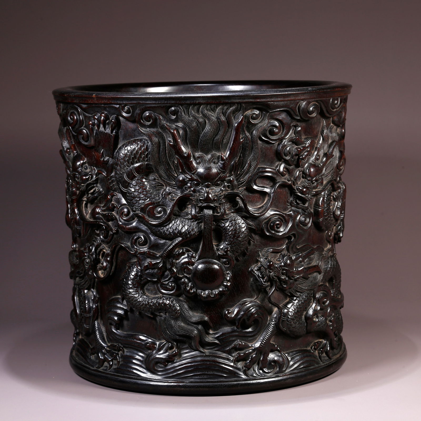 A ZITAN BRUSH POT CARVED WITH CHI-DRAGON DESIGN (1 of 9)
