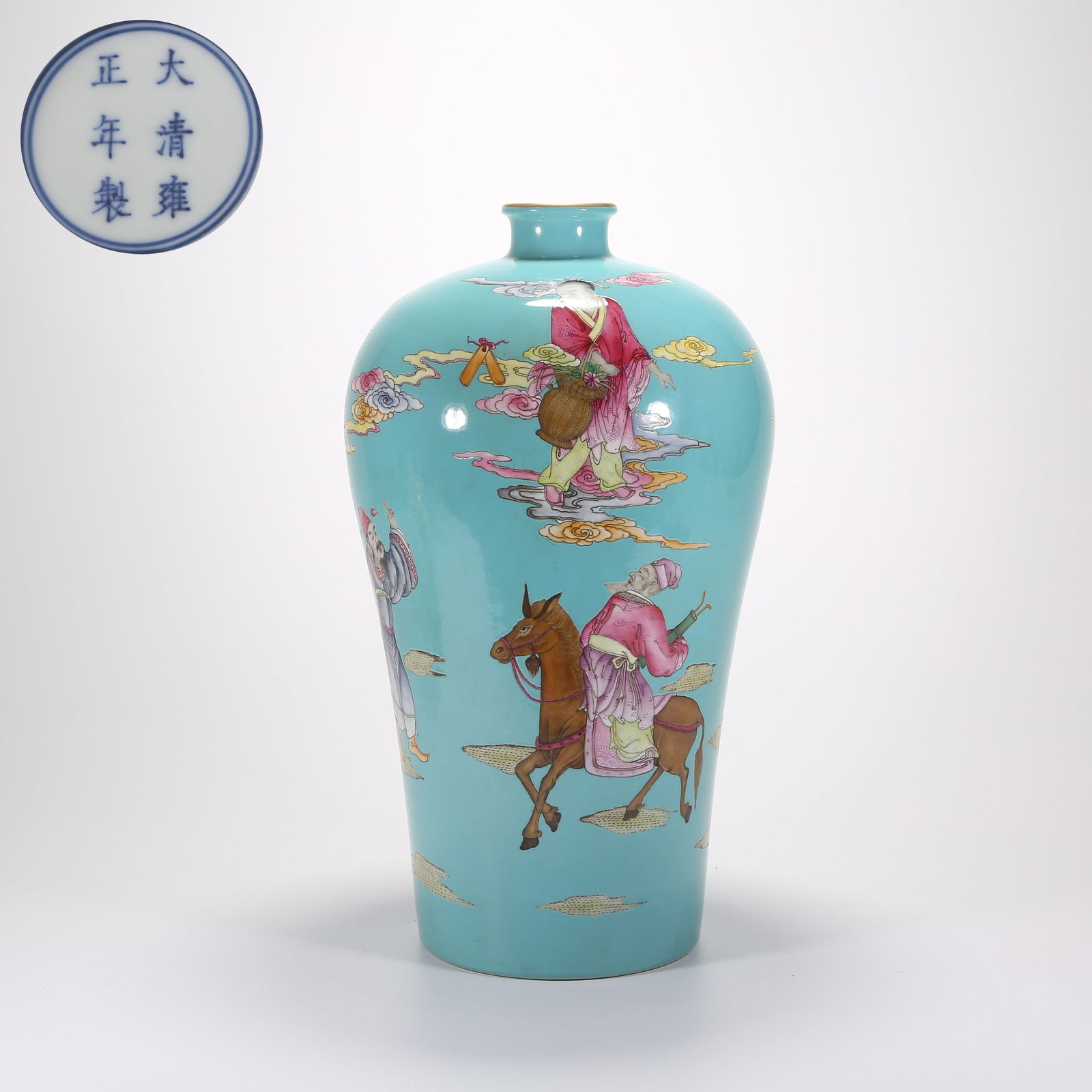 A TURQUOISE-GROUND FAMILLE-ROSE MEIPING VASE WITH EIGHT IMMORTALS PRESENTING LONGEVITY (1 of 9)