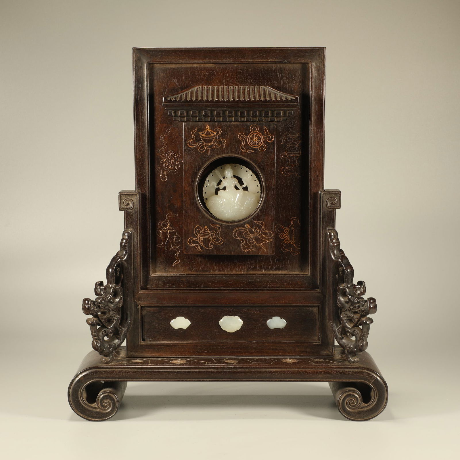A ZITAN INLAID JADE CARVED GUANYIN TABLE SCREEN (1 of 7)