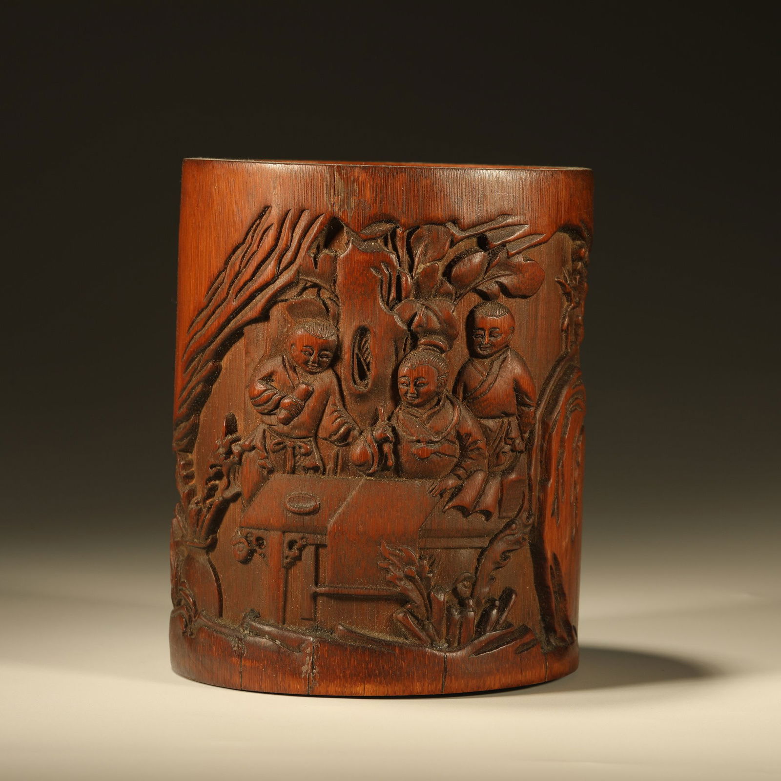 A BAMBOO CARVED "HUNDRED CHILDREN" PATTERN BRUSH POT (1 of 6)