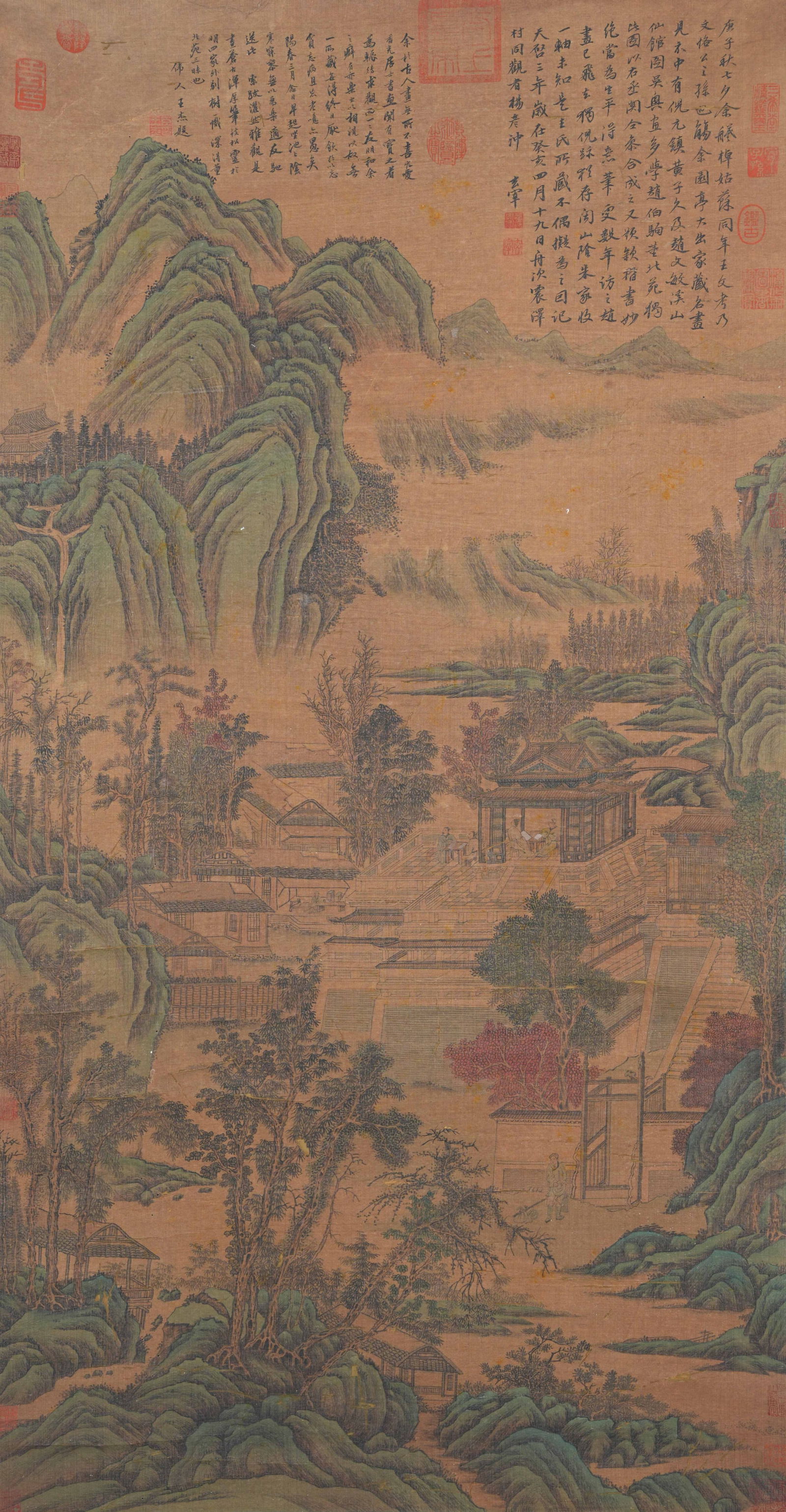 A LANDSCAPE PAINTING ON SILK BY DONG QICHANG.董其昌: Landscape Painting on Silk by Dong Qichang.董其昌