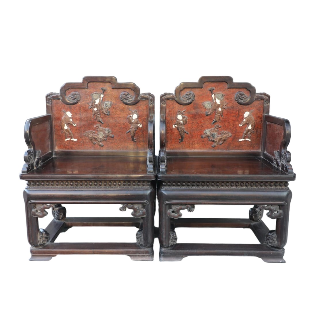 A PAIR OF ZITAN AND CHERRYWOOD "HU PEOPLE PLAYING WITH LION" GRAND MASTER CHAIRS: Pair of Zitan and Cherrywood "Hu People Playing with Lion" Grand Master Chairs
