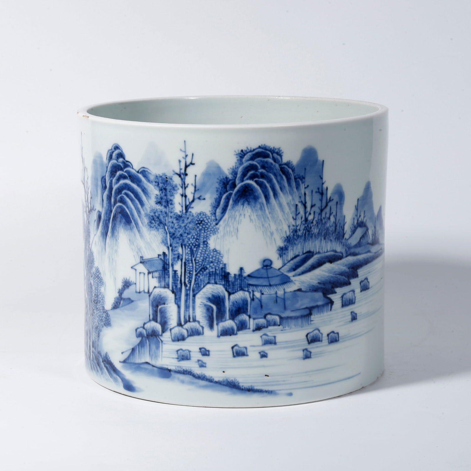 A BLUE-AND-WHITE BRUSH POT WITH LANDSCAPE AND FIGURE DESIGN (1 of 9)