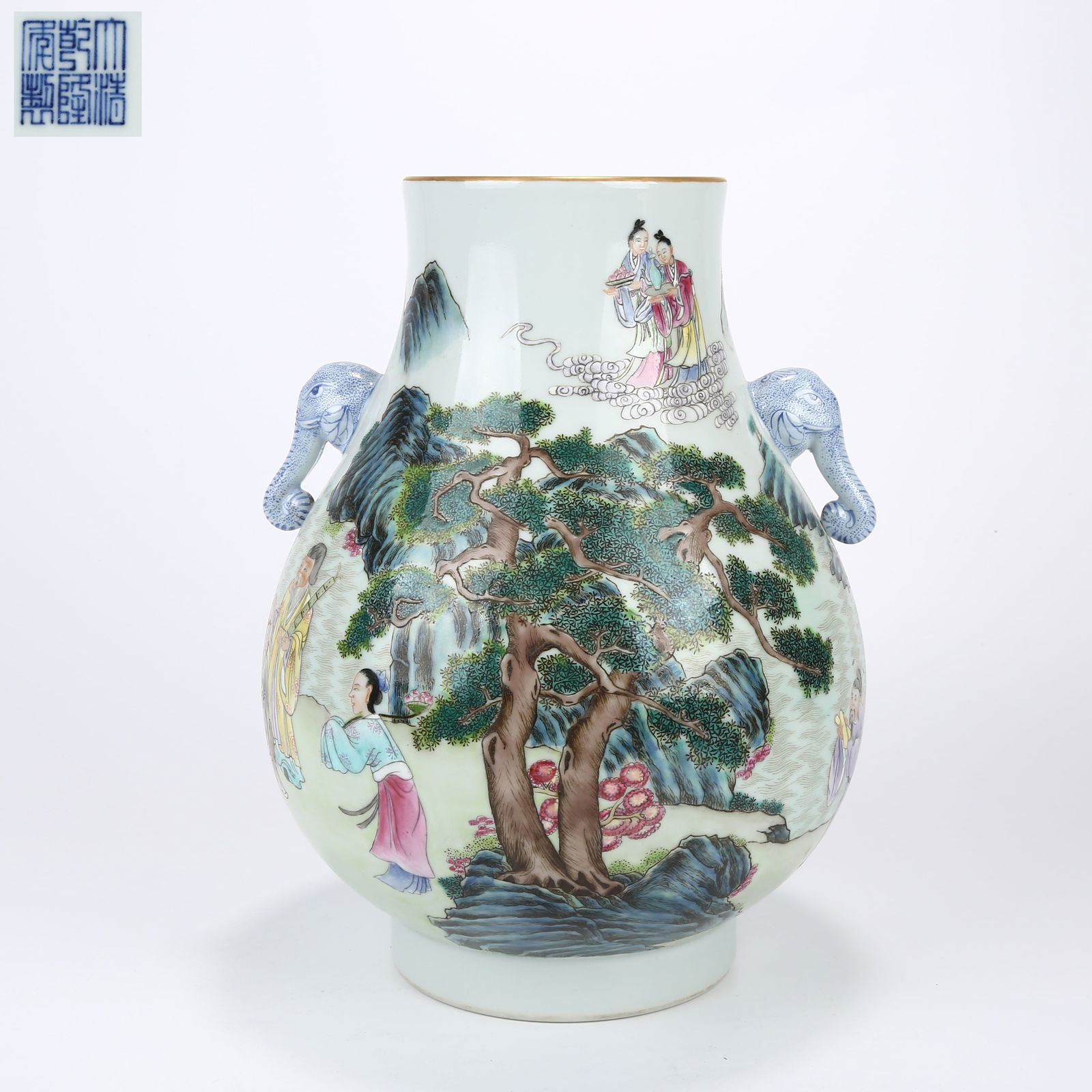 A FAMILLE ROSE ZUN VASE WITH ELEPHANT-HEAD HANDLES AND EIGHT IMMORTALS CELEBRATING LONGEVITY (1 of 9)