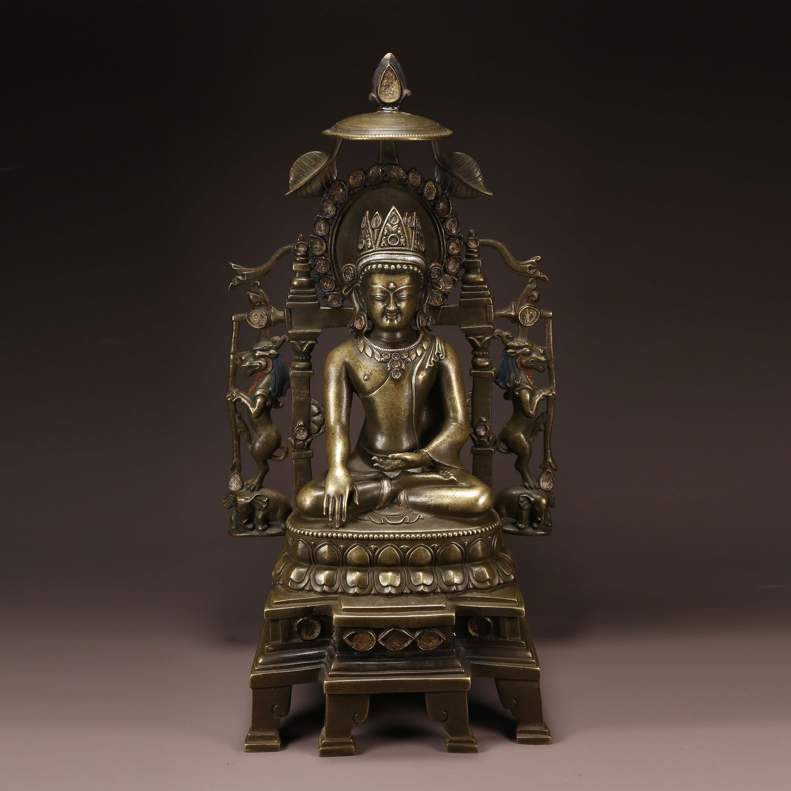 A ALLOY BRONZE INLAID SILVER SHAKYAMUNI WITH PRECIOUS CROWN, PALA STYLE: Alloy Bronze Inlaid Silver Shakyamuni with Precious Crown, Pala Style