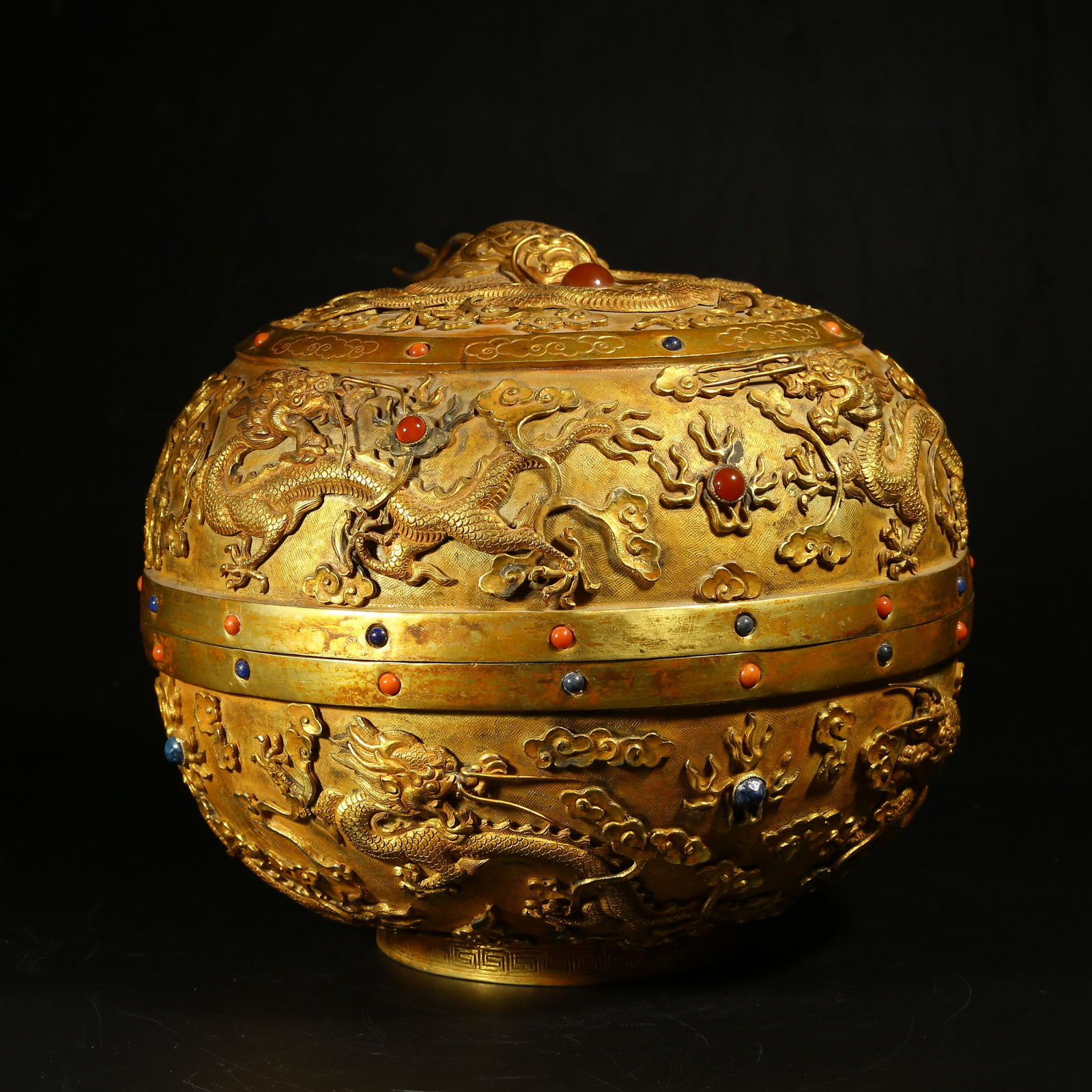 A GILT-BRONZE AND GEM-INLAID CLOUD-AND-DRAGON COVERED JAR (1 of 9)