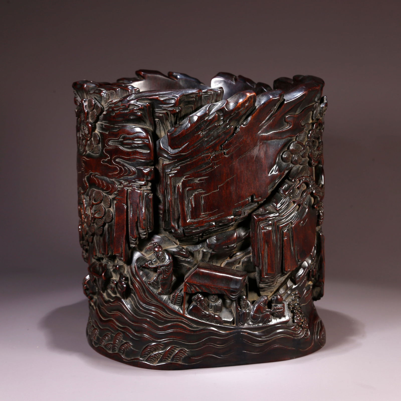 A ZITAN BRUSH POT CARVED WITH LANDSCAPE AND FIGURATIVE DESIGN (1 of 9)