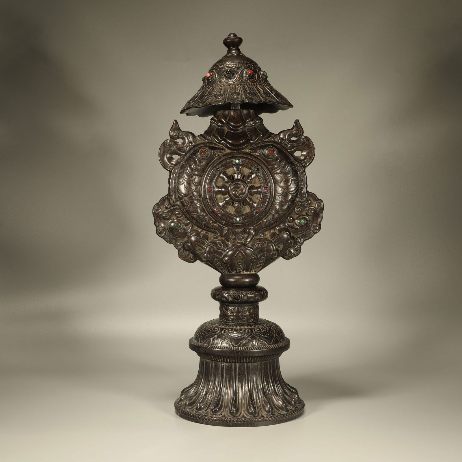 A AGARWOOD CARVED EIGHT-TREASURE PAGODA INLAID WITH GEMSTONES (1 of 7)