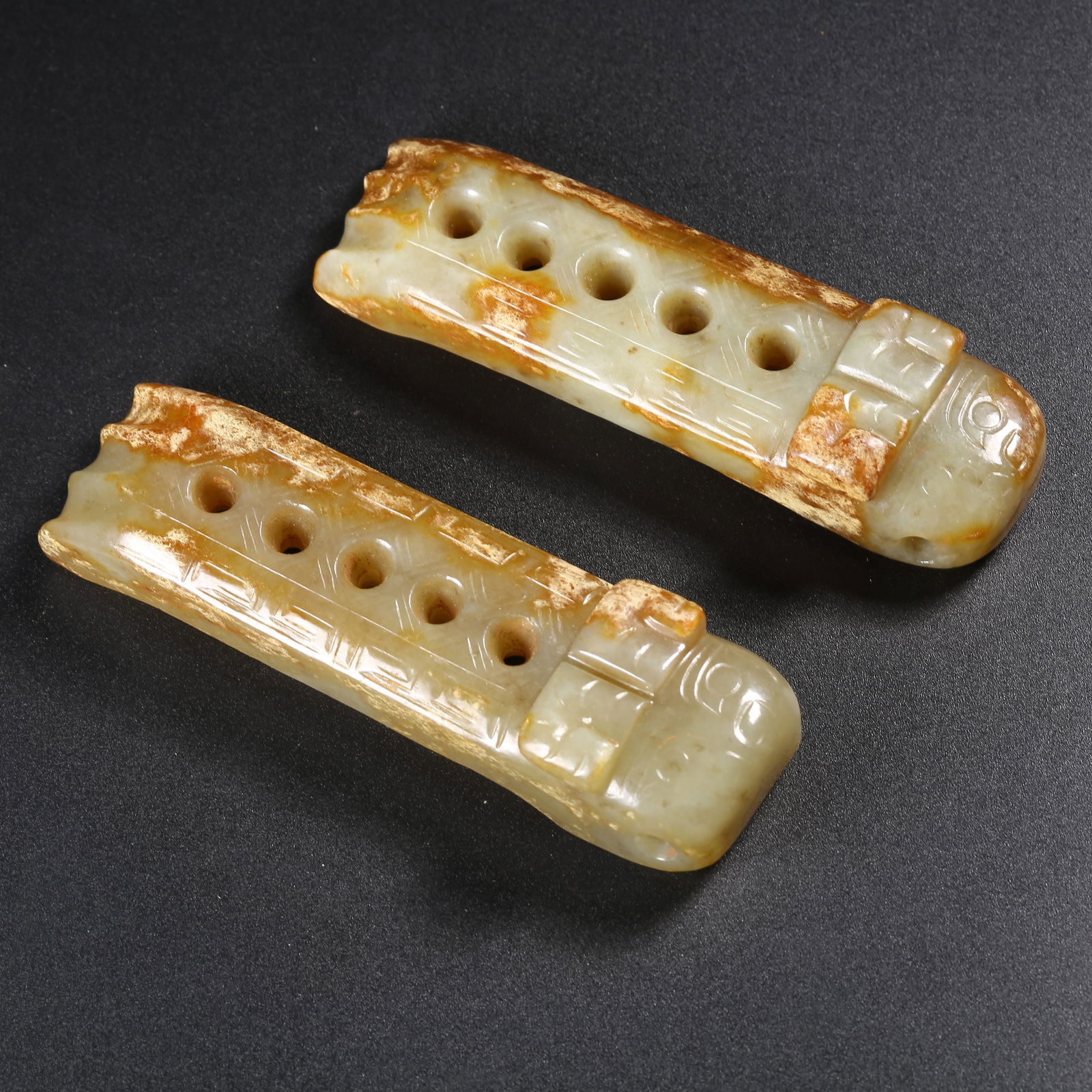 A SET OF ANCIENT JADE GUAN TUBES: Set of Ancient Jade Guan Tubes