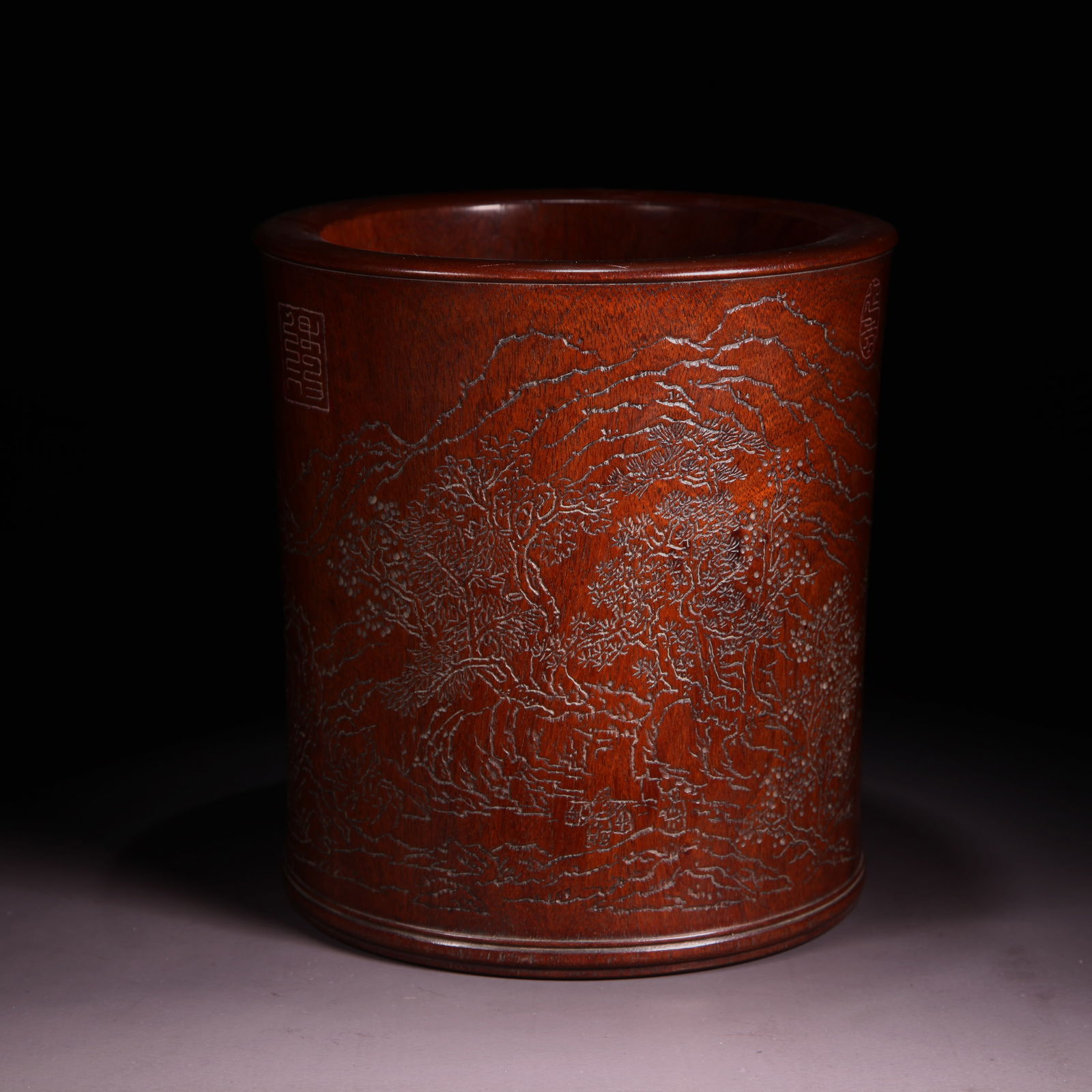 A HUANGHUALI BRUSH POT WITH LANDSCAPE AND STORY SCENES: Huanghuali Brush Pot with Landscape and Story Scenes