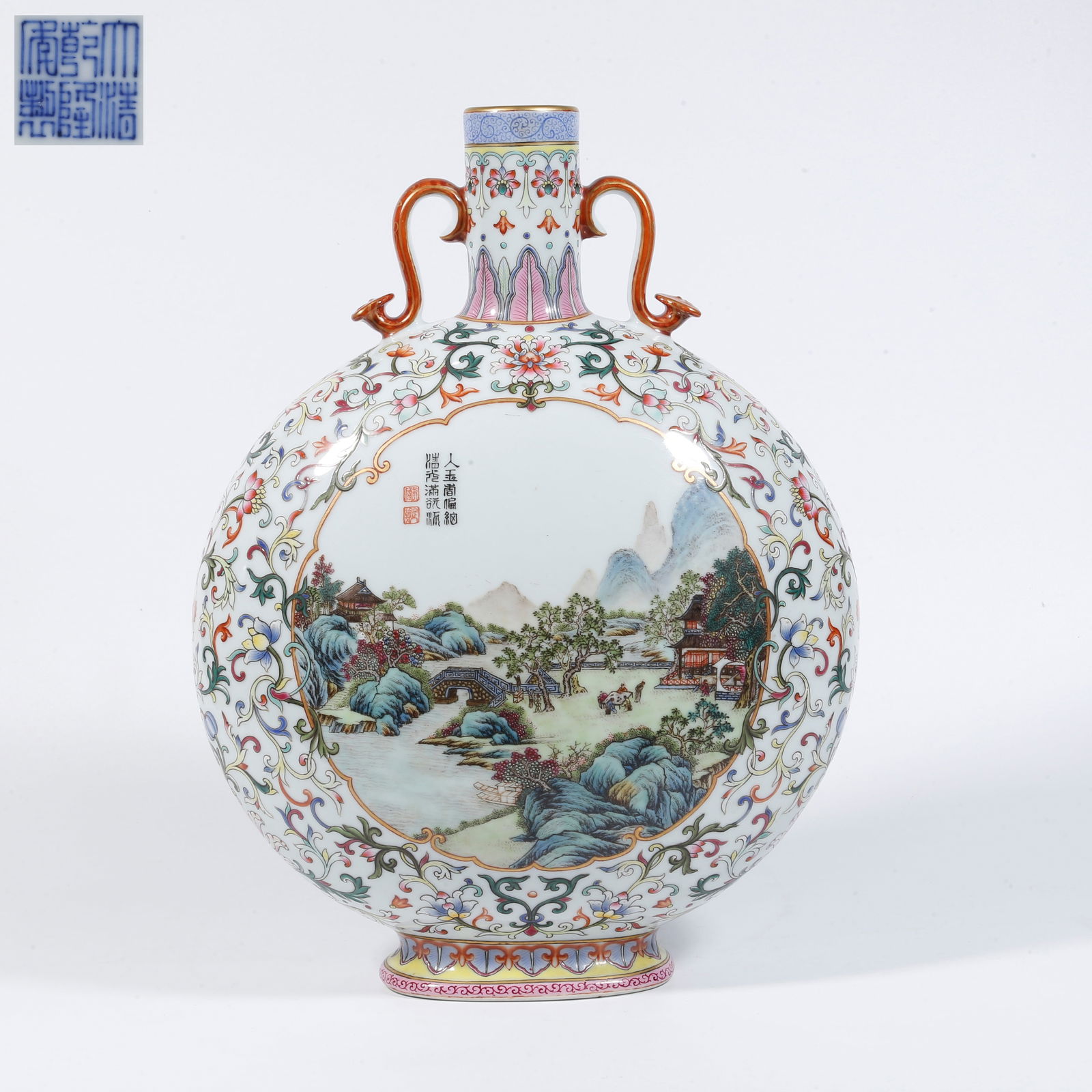 A FAMILLE ROSE MOONFLASK VASE WITH LANDSCAPE AND FIGURE MOTIF (1 of 10)