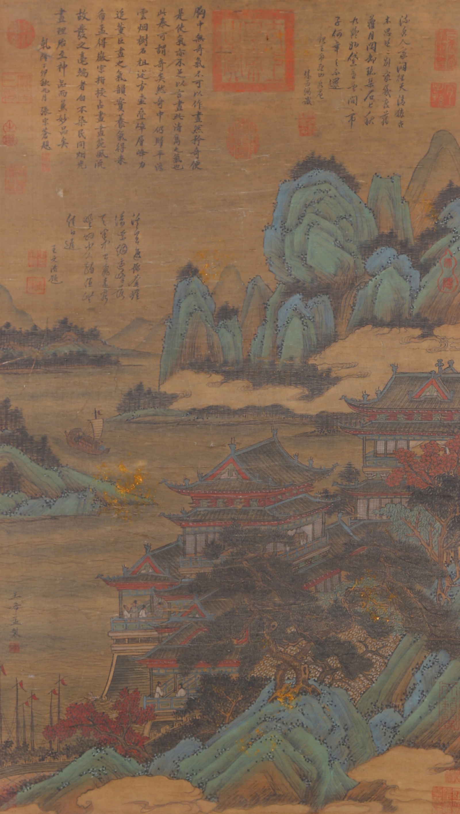 A LANDSCAPE WITH PAVILION PAINTING ON SILK BY WANG XIMENG.王希孟 (1 of 13)