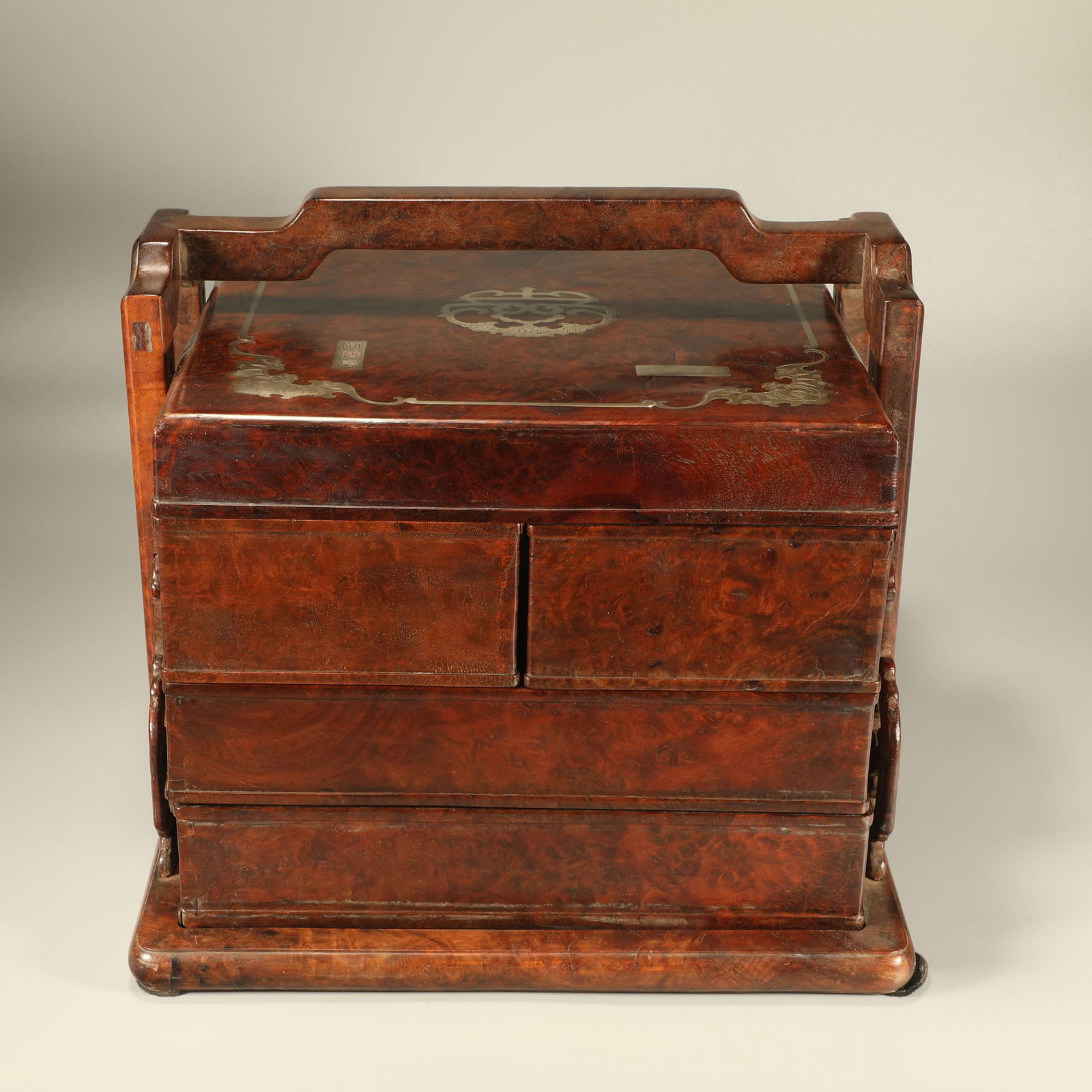 A HUANGHUALI AND CHERRYWOOD INLAID WHITE BRONZE FU AND SHOU PATTERN CARRYING BOX (1 of 6)