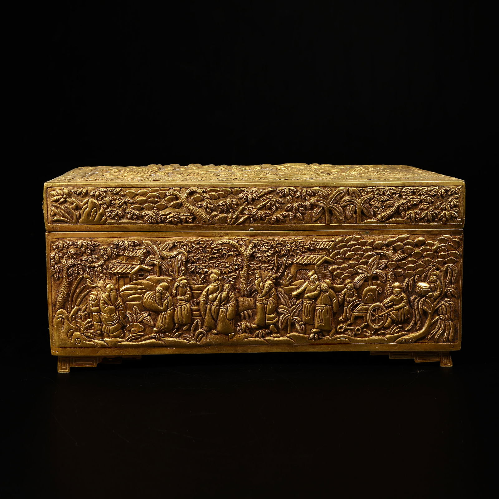 A GILT-BRONZE AND GEM-INLAID COVERED BOX WITH FIGURAL STORY DESIGN (1 of 9)