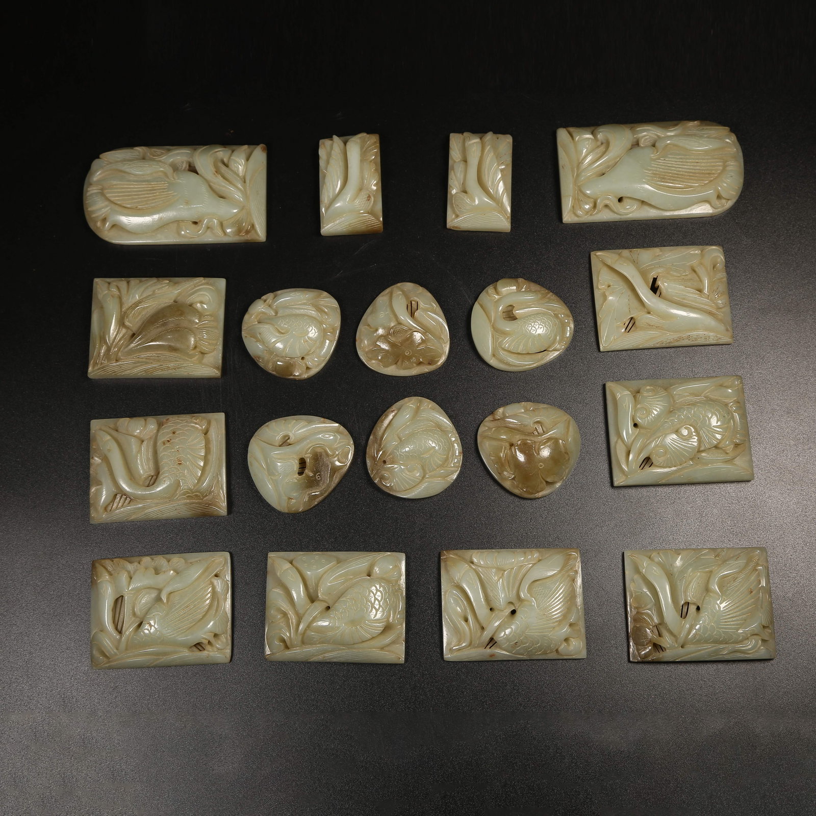 A HETIAN JADE BELT PLAQUE SET WITH LOTUS POND AND ELEGANT SCENE (1 of 10)