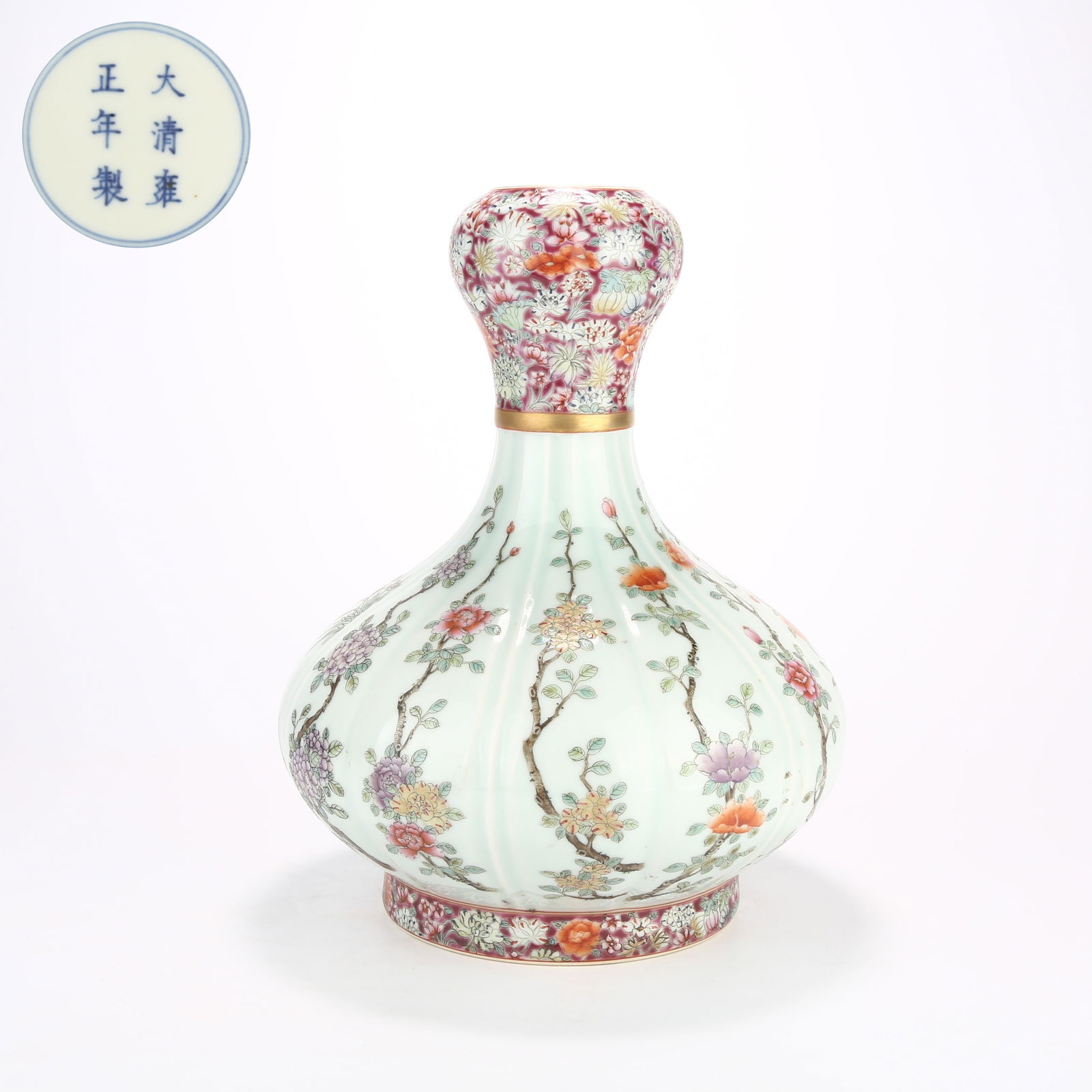 A FAMILLE-ROSE GARLIC-HEAD VASE WITH FLORAL DESIGN (1 of 10)