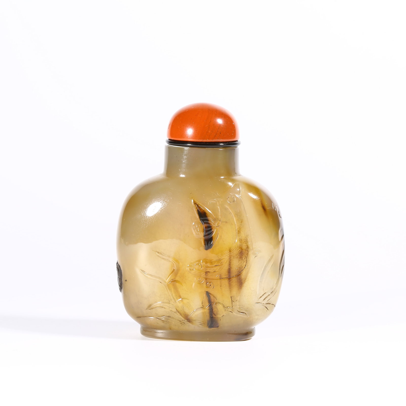 A AGATE SNUFF BOTTLE WITH FLOWER AND BIRD MOTIF (1 of 9)