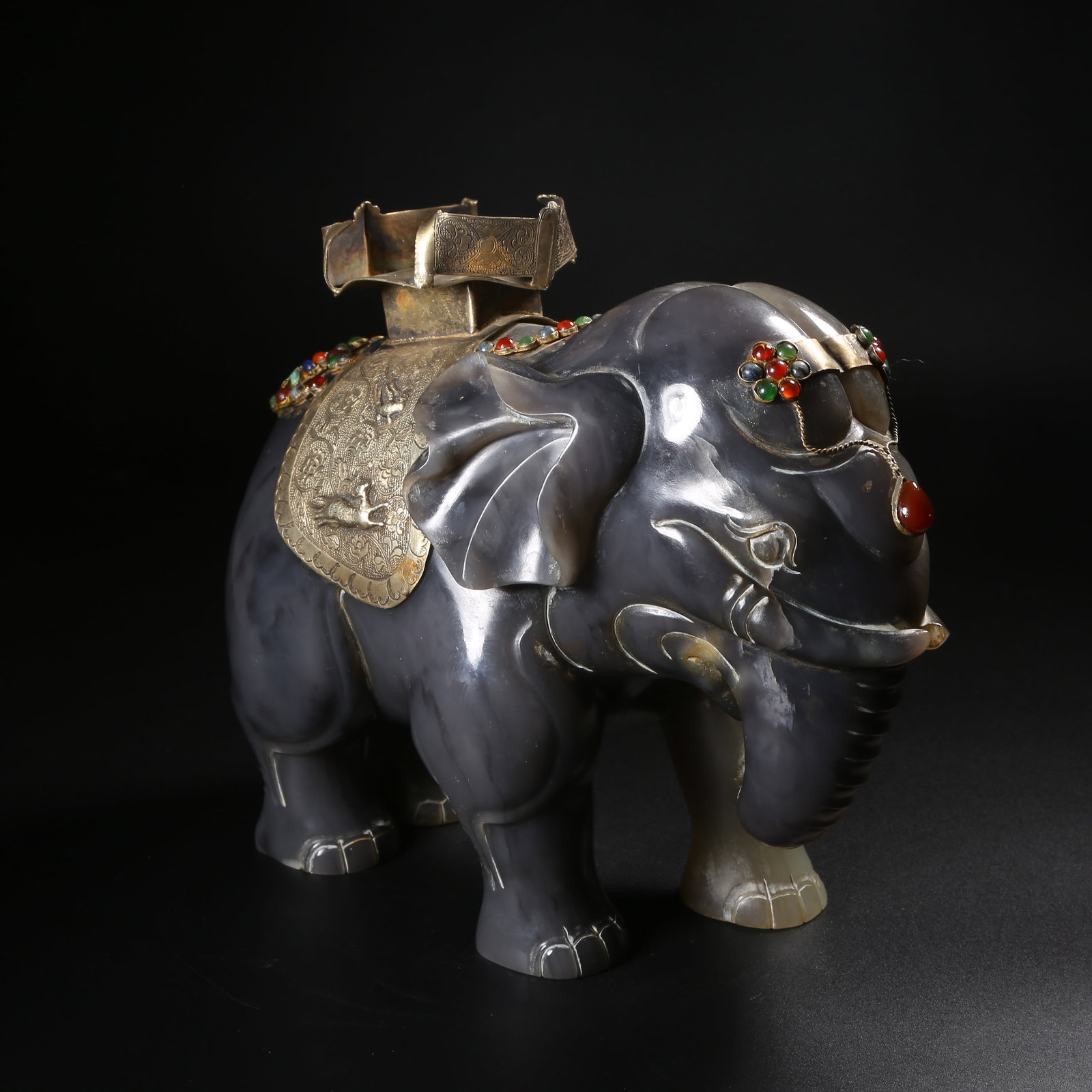 A ARCHAIC JADE "PEACE AND PROSPERITY" FIGURINE WITH INLAID GEMS AND SILVER (1 of 9)