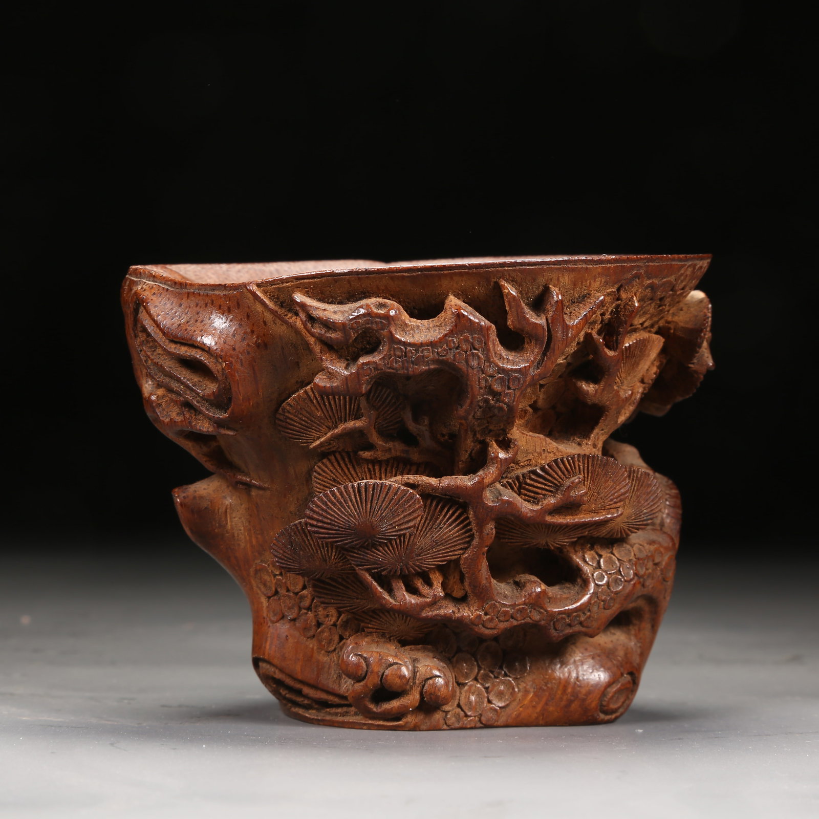 A BAMBOO ROOT CARVED CUP WITH PINE MOTIF (1 of 10)