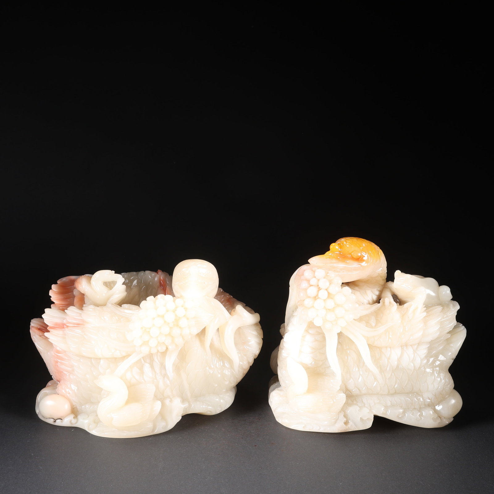 A PAIR OF WHITE TIANHUANG STONE MOTHER-AND-CHILD DUCK SEALS: Pair of White Tianhuang Stone Mother-and-Child Duck Seals