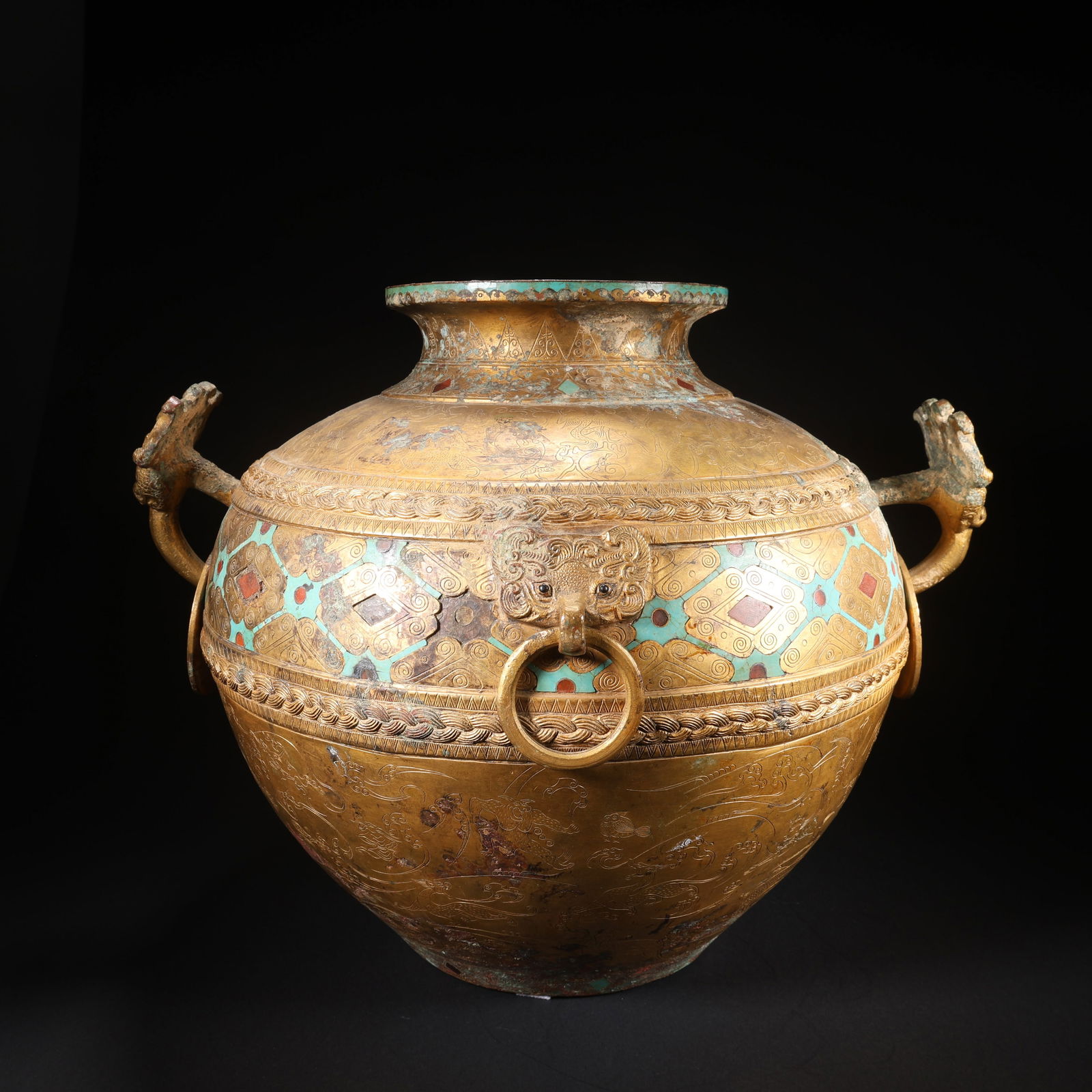 A GILT BRONZE FOUR-HANDLED CIRCULAR ZUN INLAID WITH TURQUOISE (1 of 9)