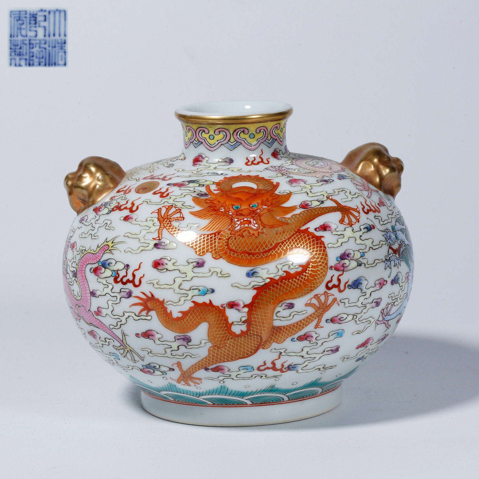 A FAMILLE ROSE DOUBLE-EARED VASE WITH CLOUD AND DRAGON DESIGN (1 of 9)