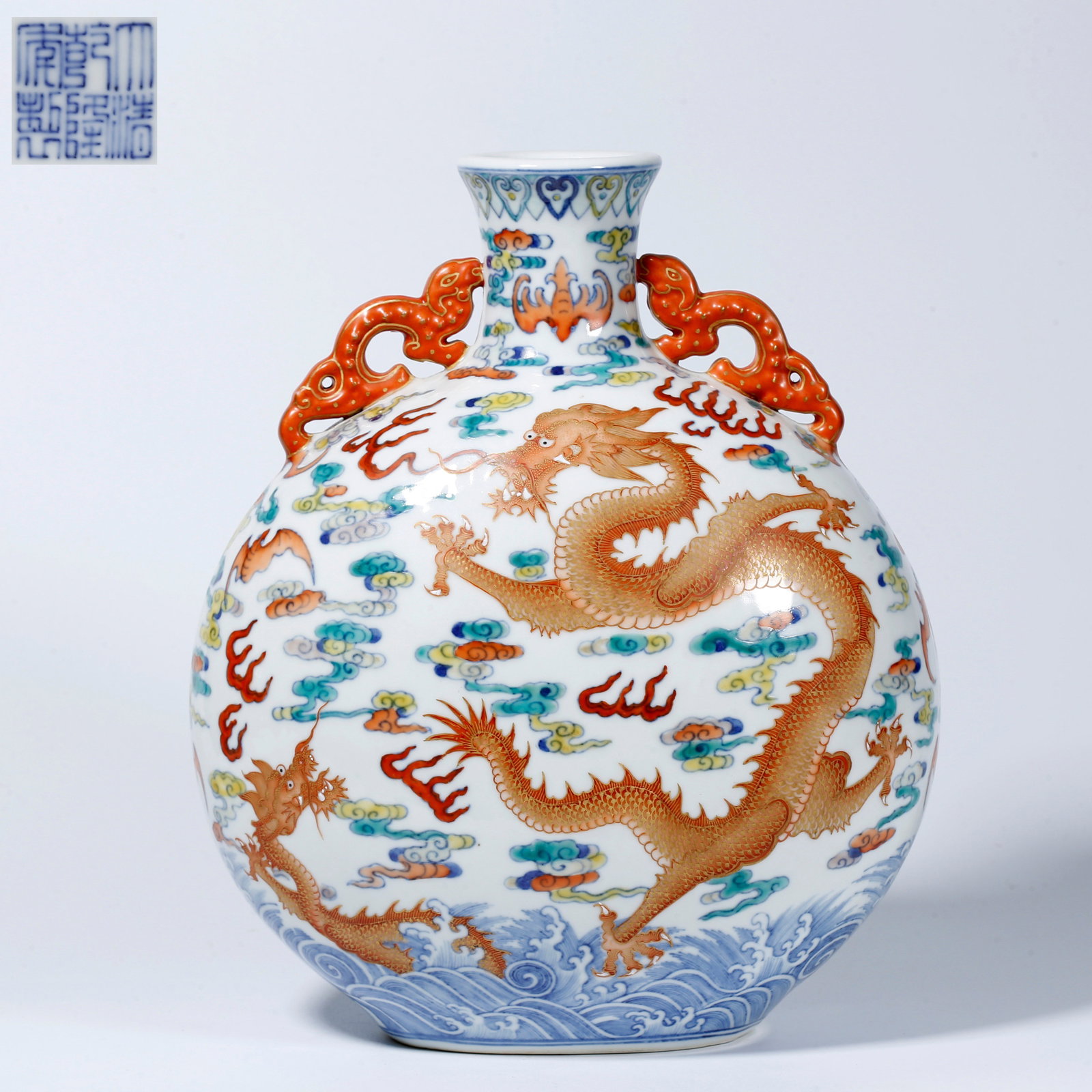 A FAMILLE ROSE DOUBLE-EARED VASE WITH CLOUD AND DRAGON DESIGN (1 of 10)