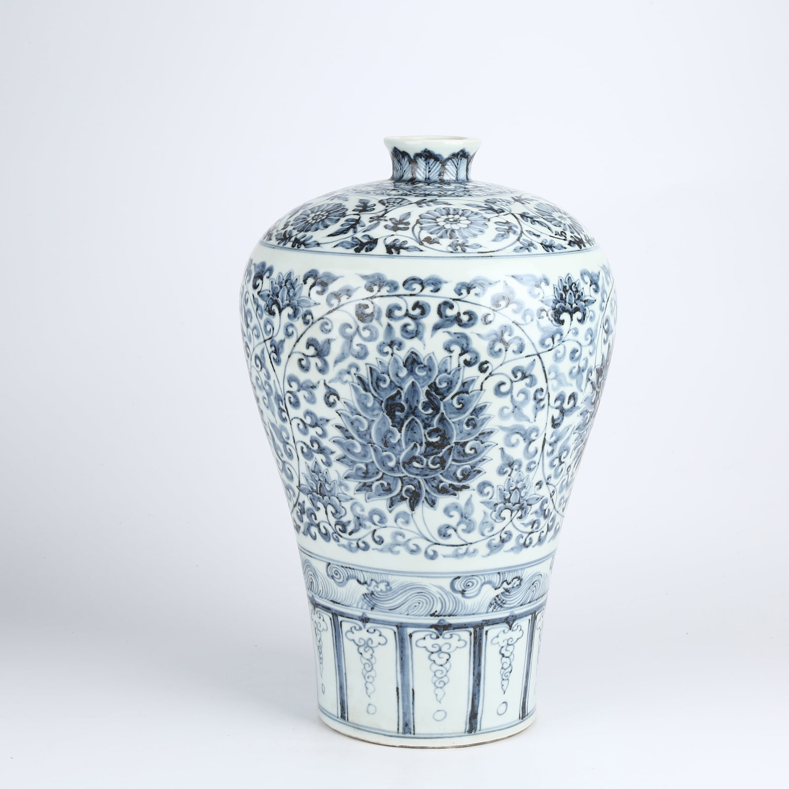 A BLUE-AND-WHITE LOTUS SCROLL PATTERNED MEIPING VASE (1 of 10)