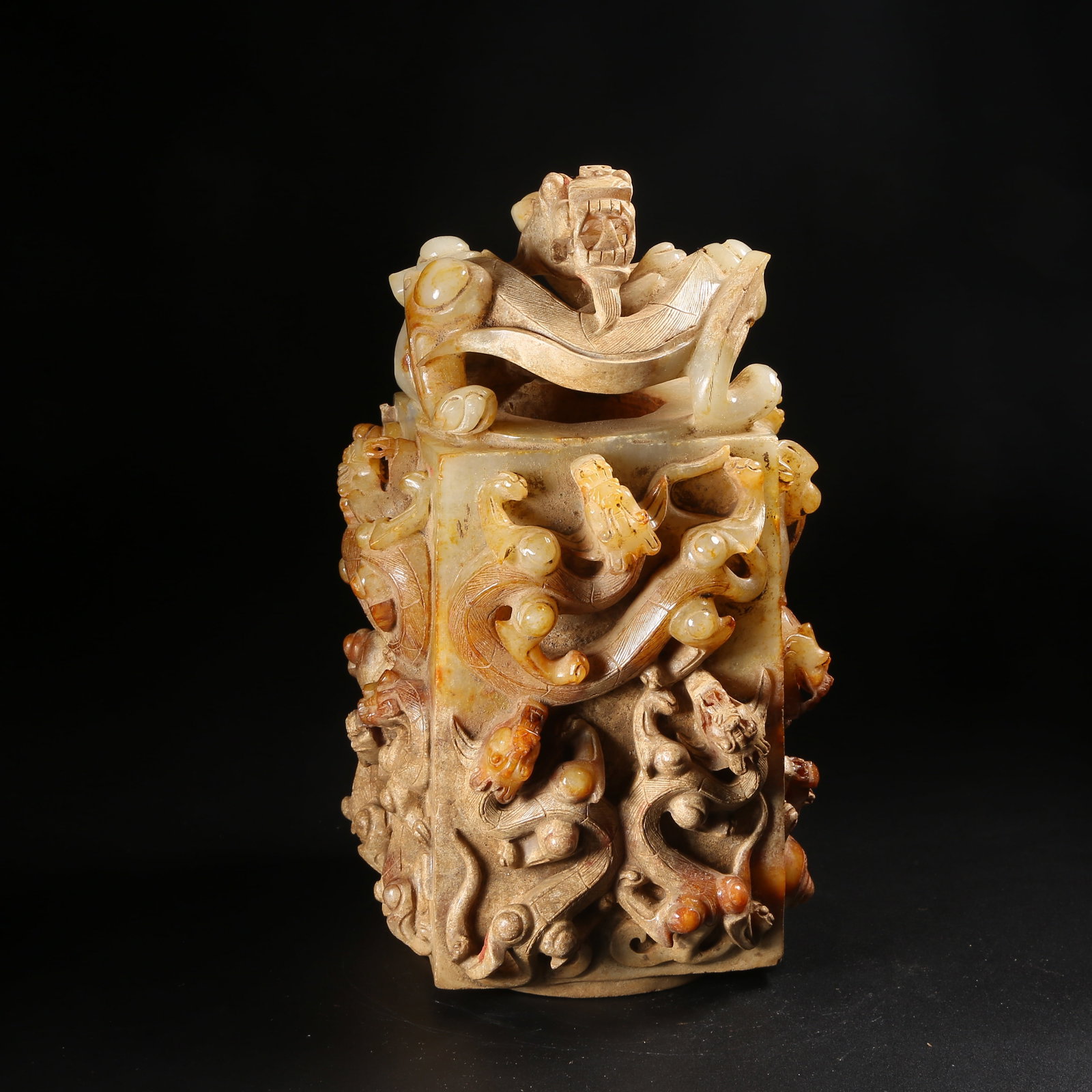 A ARCHAIC JADE CONG WITH DRAGON MOTIF: Archaic Jade Cong with Dragon Motif